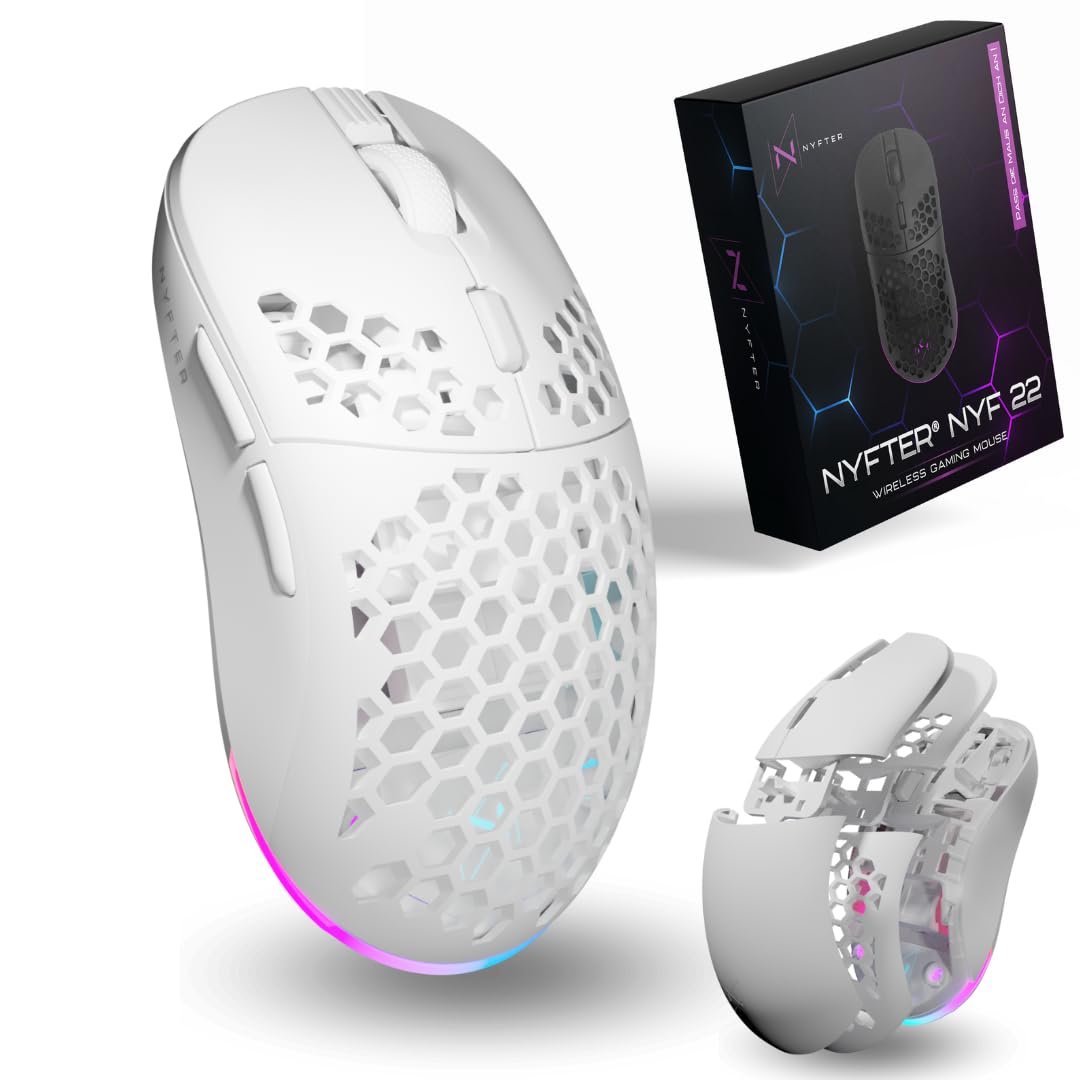 Nyfter - NYF22 Wireless Gaming Mouse Honeycomb Maus Ultraleicht 75g leistungsstark mit 400mA 19K DPI, 400 IPS 1000 hz 50h Akkulaufzeit langlebig Zwei wechselbare Cases inkl.