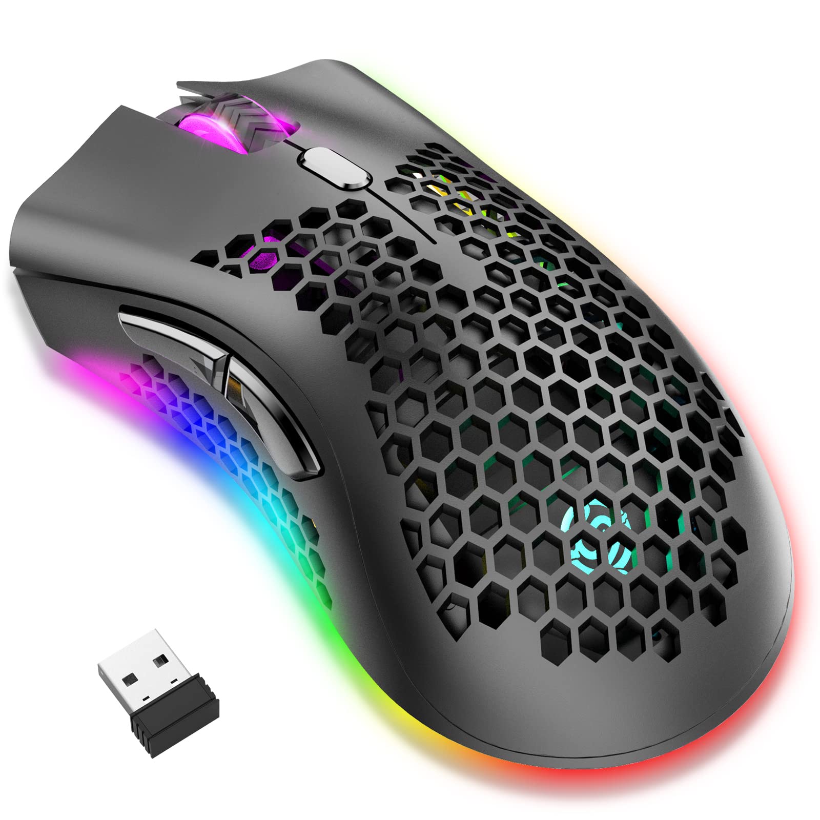 JYCSTE Bluetooth Gaming Maus, Light Honeycomb Maus mit RGB Hintergrundbeleuchtung, einstellbare DPI, Bluetooth 2.4G Wireless Rechargeable Ergonomic Optical Sensor Mouse (Dual Mode-Black)