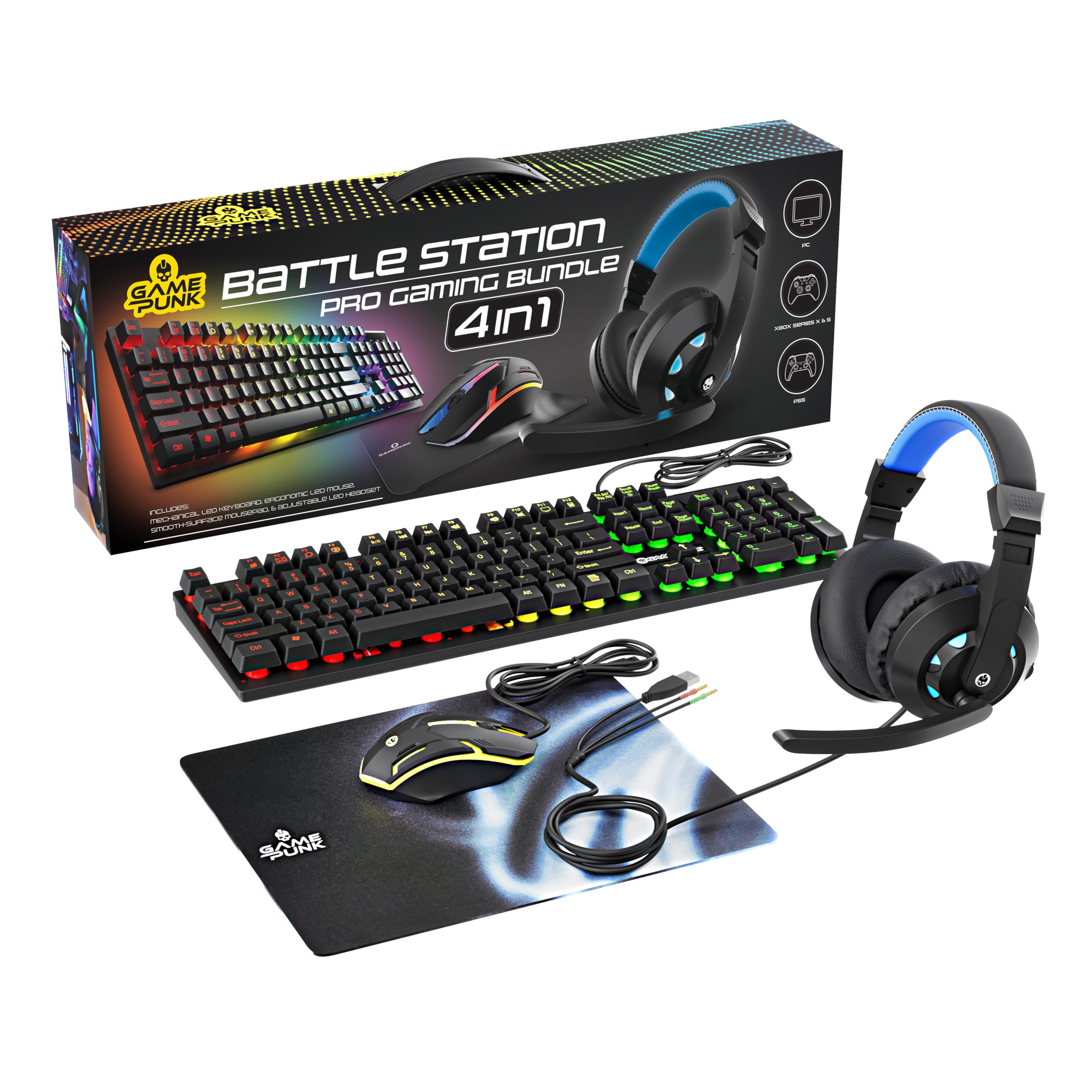 Game Punk 4-teiliges PC-Gaming-Set mit RGB-Tastatur mit Hintergrundbeleuchtung, kabelloser LED-Maus, Mauspad und beleuchtetem Gaming-Headset mit Mikrofon, ergonomisches Gamer-Zubehör, kompatibel mit