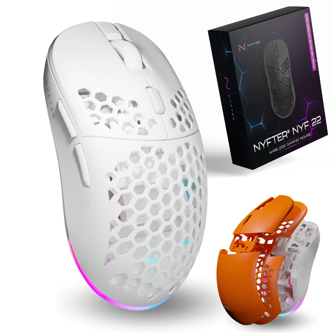 Nyfter - NYF22 Wireless Gaming Mouse Honeycomb Cover Ultraleicht 75g leistungsstark mit 400mA 19K DPI, 400 IPS 1000 hz 50h Akkulaufzeit langlebig Zwei wechselbare Cases inkl.