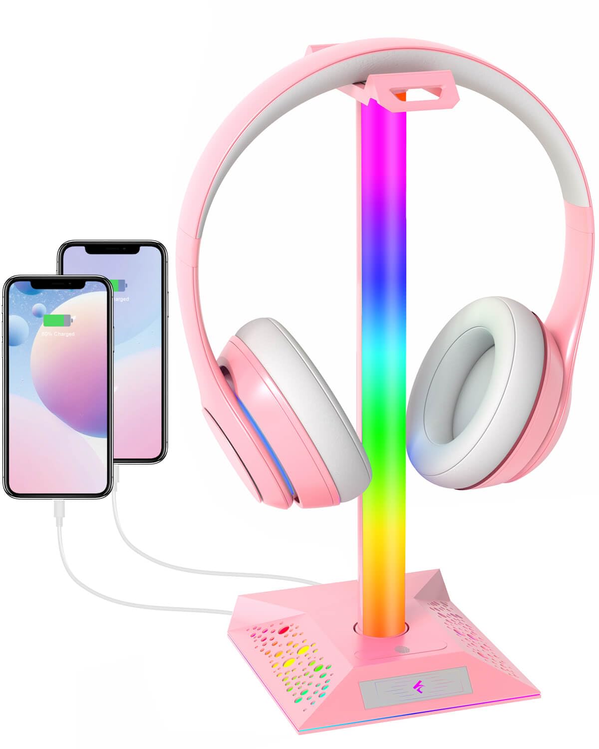 Hcman Headset Halterung Gaming Kopfhörer Ständer RGB Kopfhörer Halter mit 2 USB Anschlüssen, LED Headphone Stand Kopfhörerständer für PC Gamer, Rosa