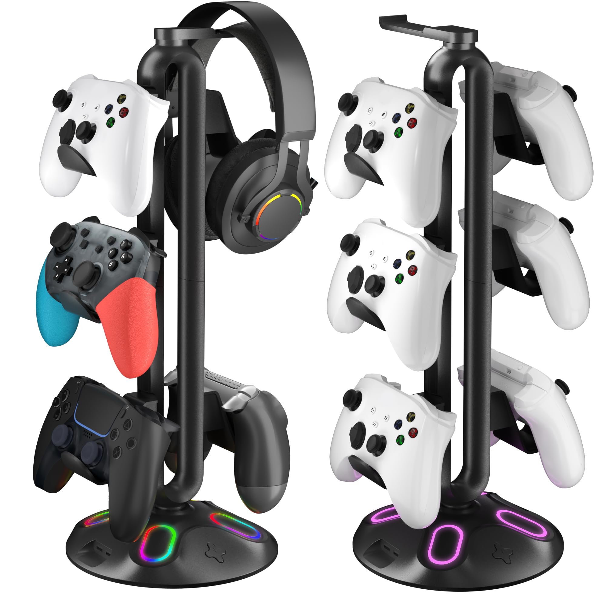 Gaming RGB Kopfhörerständer, Controller-Halterung mit 9 Lichtmodi – Headset-Ständer mit 2 USB-Ladeanschlüssen und 3,5 mm & Typ-C – Controller-Ständer Aufhänger Zubehör für Schreibtisch und