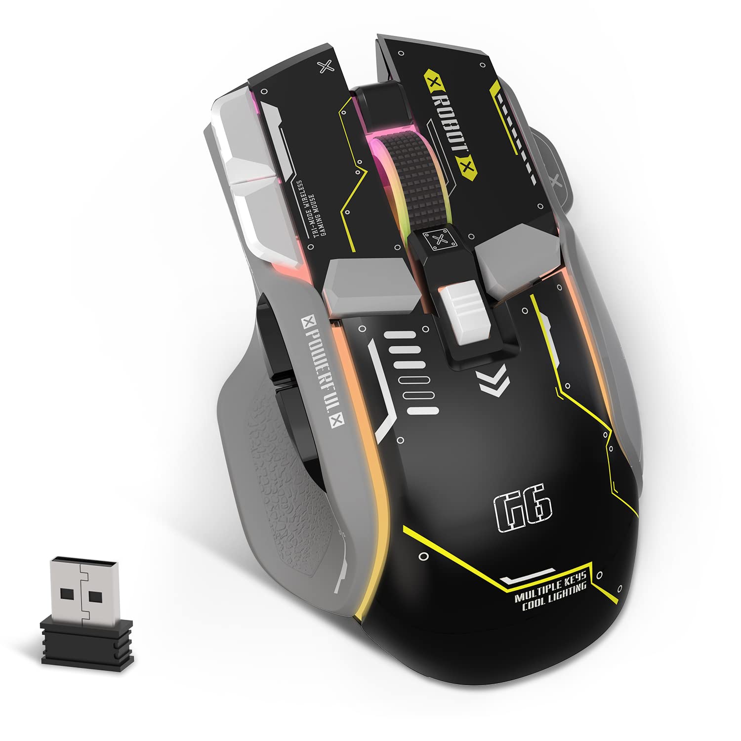 G6 Tri-Mode-Maus, kabelgebundene 2,4-G-Bluetooth-Maus Typ C mit 11 RGB-Hintergrundbeleuchtung, mechanische Gaming-Maus mit 10 Tasten und Feuertaste, Einstellbarer DPI, Windows