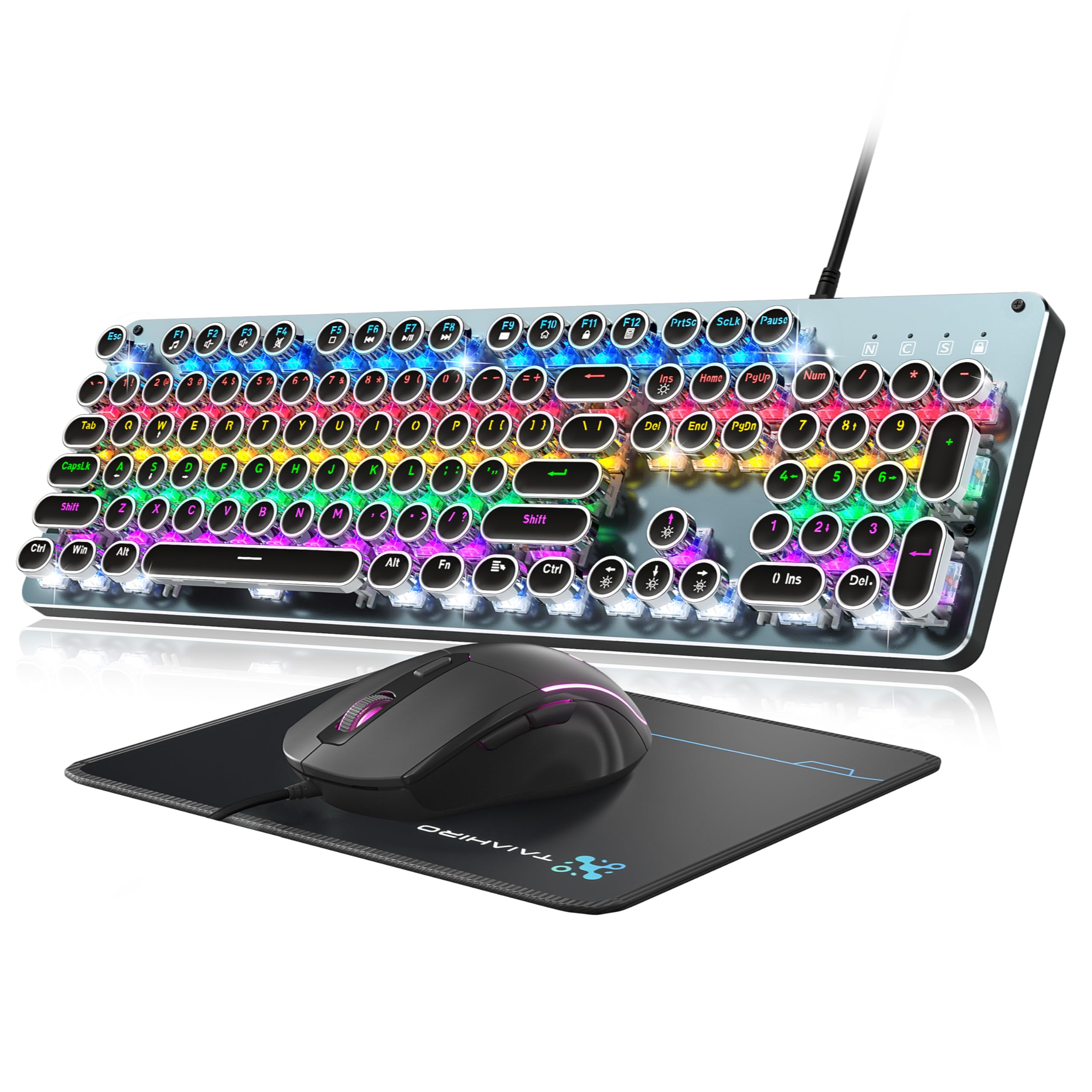 Typewriter Mechanische Gaming-Tastatur und Maus, 104 Tasten, Retro-Tastaturen in voller Größe, Metall-Panel, Punk, runde Tastenkappe, Clicky Blue Switch mit RGB-Hintergrundbeleuchtung, Maus und