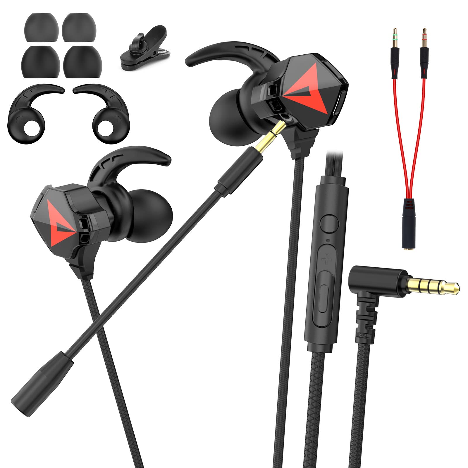 In Ear Kopfhörer, Gaming Headset mit Dual-Mikrofon, Headphones mit Kabel 3,5 mm, Lärmminderung, Stereo-Bassleistung, Gaming-Kopfhörer für Phone, PS4, PS5, Xbox, PC, Laptop (Schwarz)