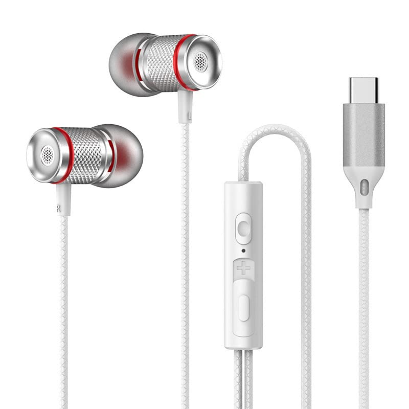In-Ear USB-C Kopfhörer Sport Headset BASS für iPhone Huawei Samsung iPad Xiaomi Google weiß Silber mit Kabel und Mikrofon