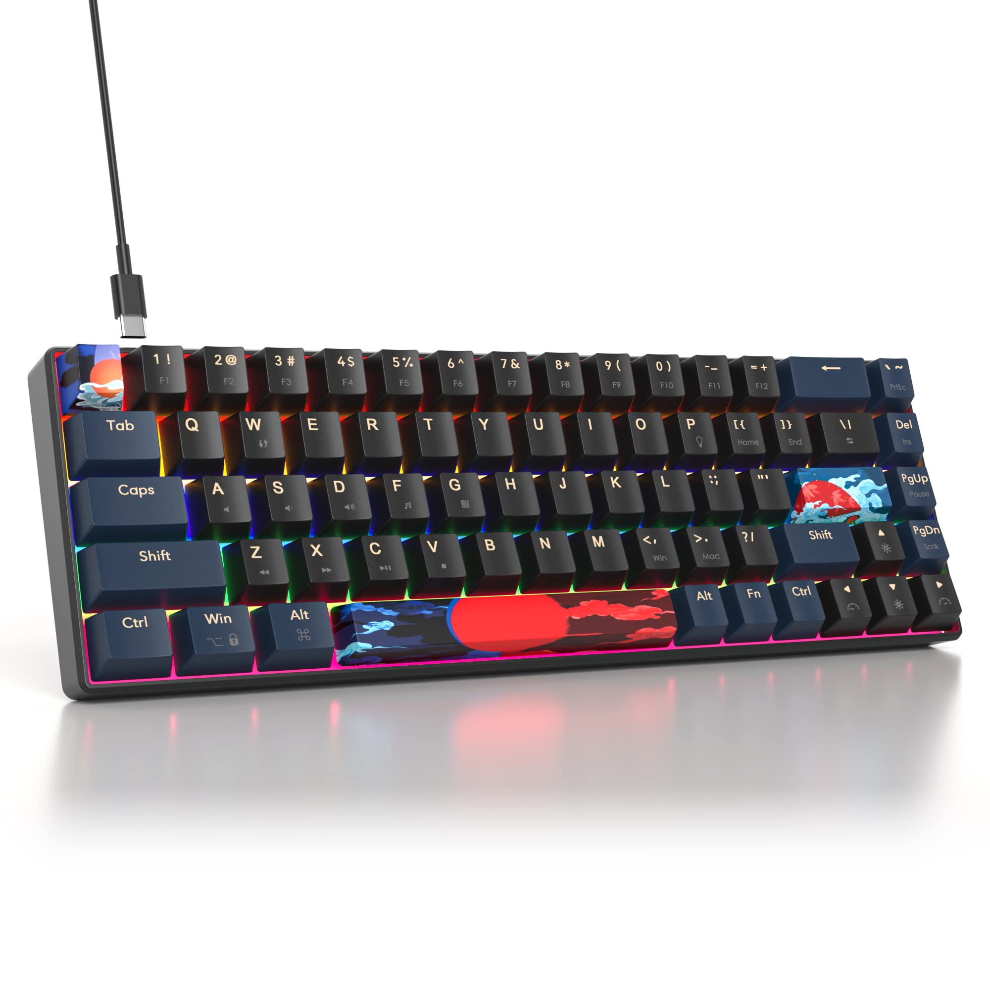 SOLIDEE mechanische Gaming-Tastatur 65%, 68 Tasten mit Linearen roten Schaltern, kabelgebunden mit LED-Hintergrundbeleuchtung, gemischtes Licht, kompakt (68 Black-Blue)