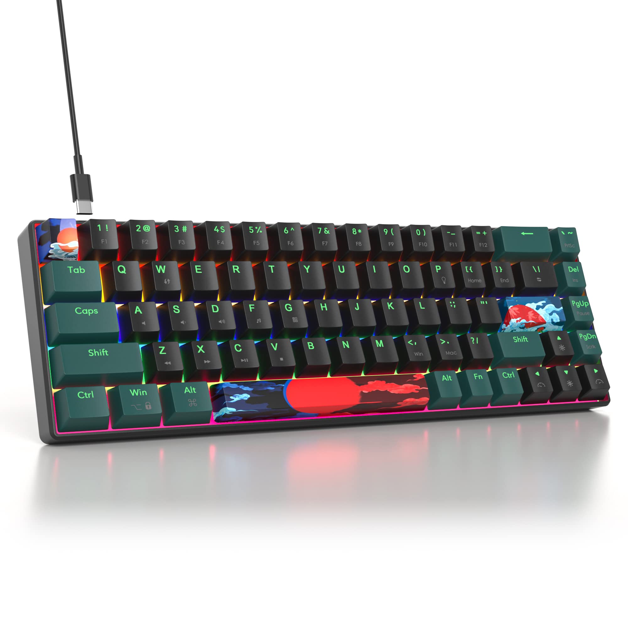 SOLIDEE mechanische Gaming Tastatur 65%,68 Tasten mit Lineare rote Schalter,kabelgebundene mechanische Tastatur mit LED-Hintergrundbeleuchtung,gemischtes Licht kompakte(68 Black-Green)