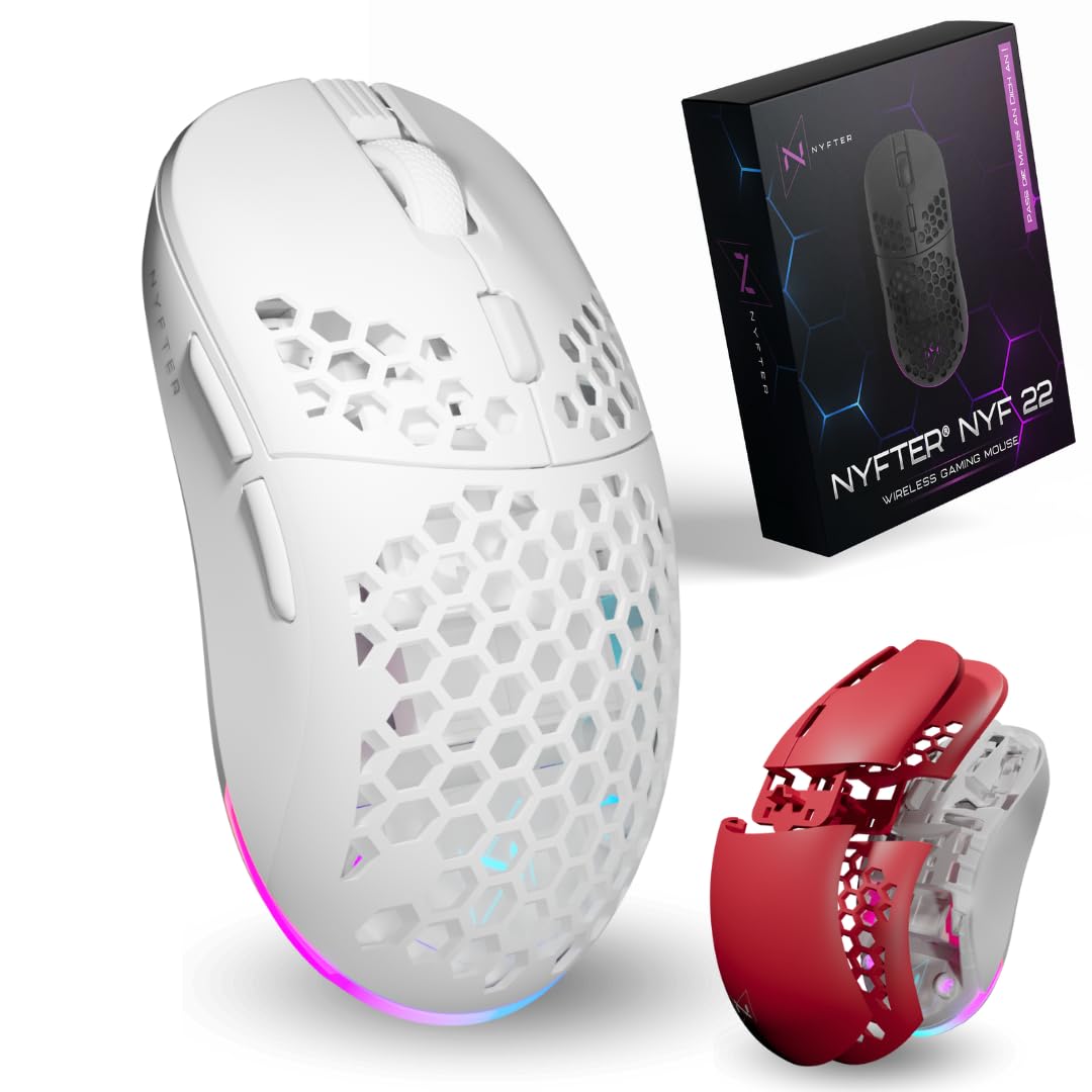 Nyfter - NYF22 Wireless Gaming Mouse mit White-Red Honeycomb Maus Ultraleicht 75g leistungsstark mit 400mA 19K DPI, 400 IPS 1000 hz 50h Akkulaufzeit langlebig Zwei wechselbare Cases inkl.