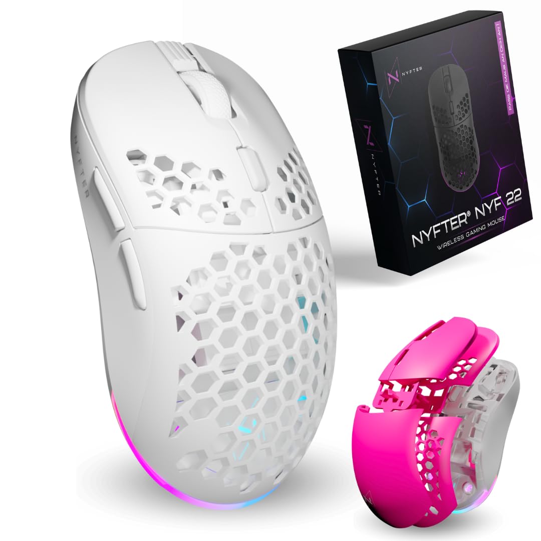 Nyfter - NYF22 Wireless Gaming Mouse mit White-Pink Honeycomb Maus Ultraleicht 75g leistungsstark mit 400mA 19K DPI, 400 IPS 1000 hz 50h Akkulaufzeit langlebig Zwei wechselbare Cases inkl.