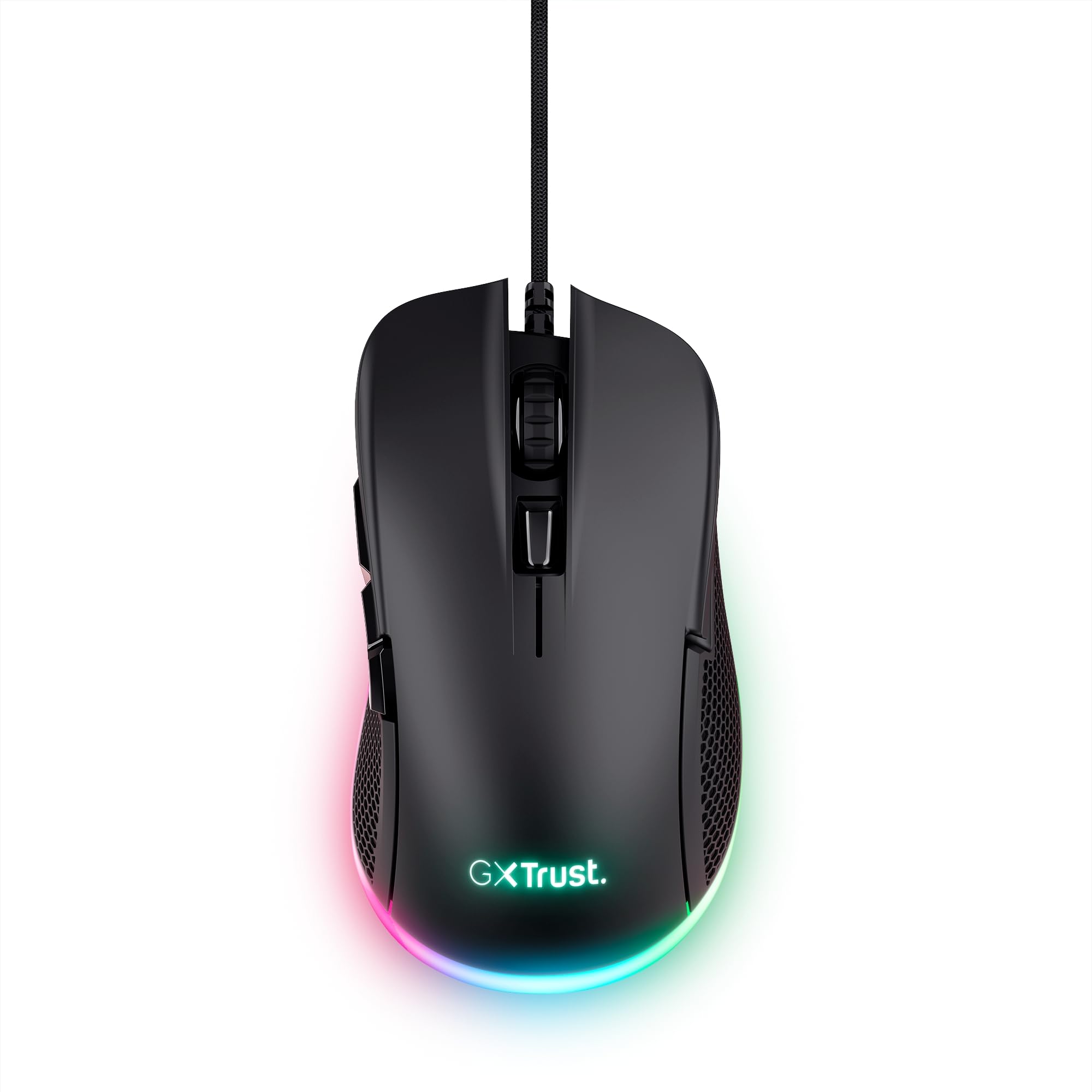 Trust Gaming GXT 922 Ybar Gaming Maus, 68% Recycelten Materialien, RGB LED-Beleuchtung, 6 Programmierbare Tasten, 200-7200 DPI, USB Kabel 2,1 m, PC Maus mit Software für Computer/Laptop - Schwarz