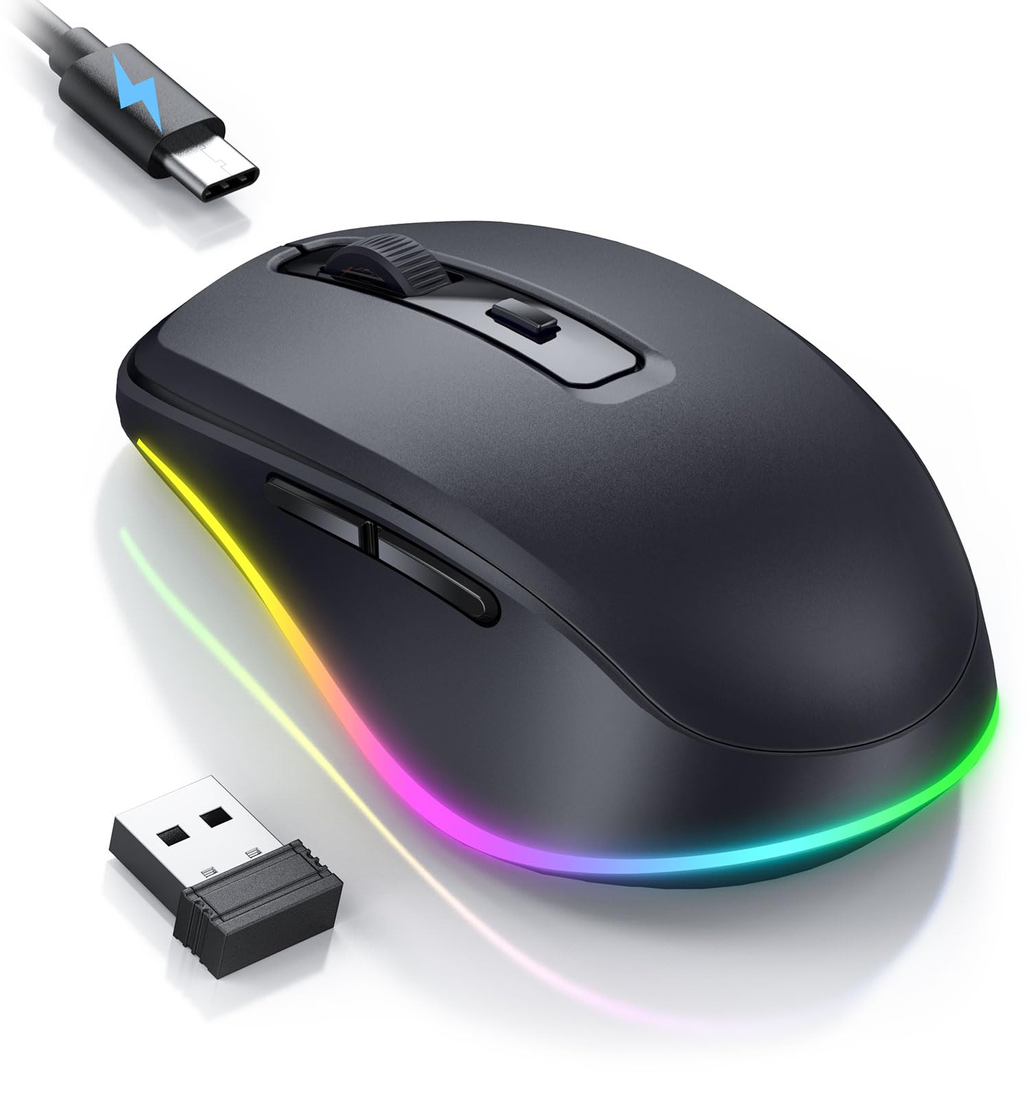 seenda Kabellose Maus mit Jiggler, Wiederaufladbare 2.4G Funkmaus mit Beleuchtung, Leise Wireless Mouse für PC, Laptop, Computer, Windows - 2000 DPI - Schwarz