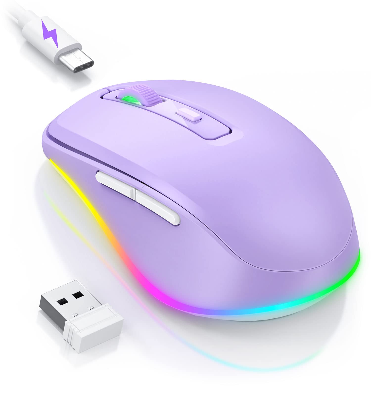seenda Kabellose LED-Maus, Wiederaufladbar Mit Maus Jiggler, Leise 2.4G USB Funkmaus für Laptop, Computer - Beleuchtet, DPI 2000, für PC, Windows (Lila)