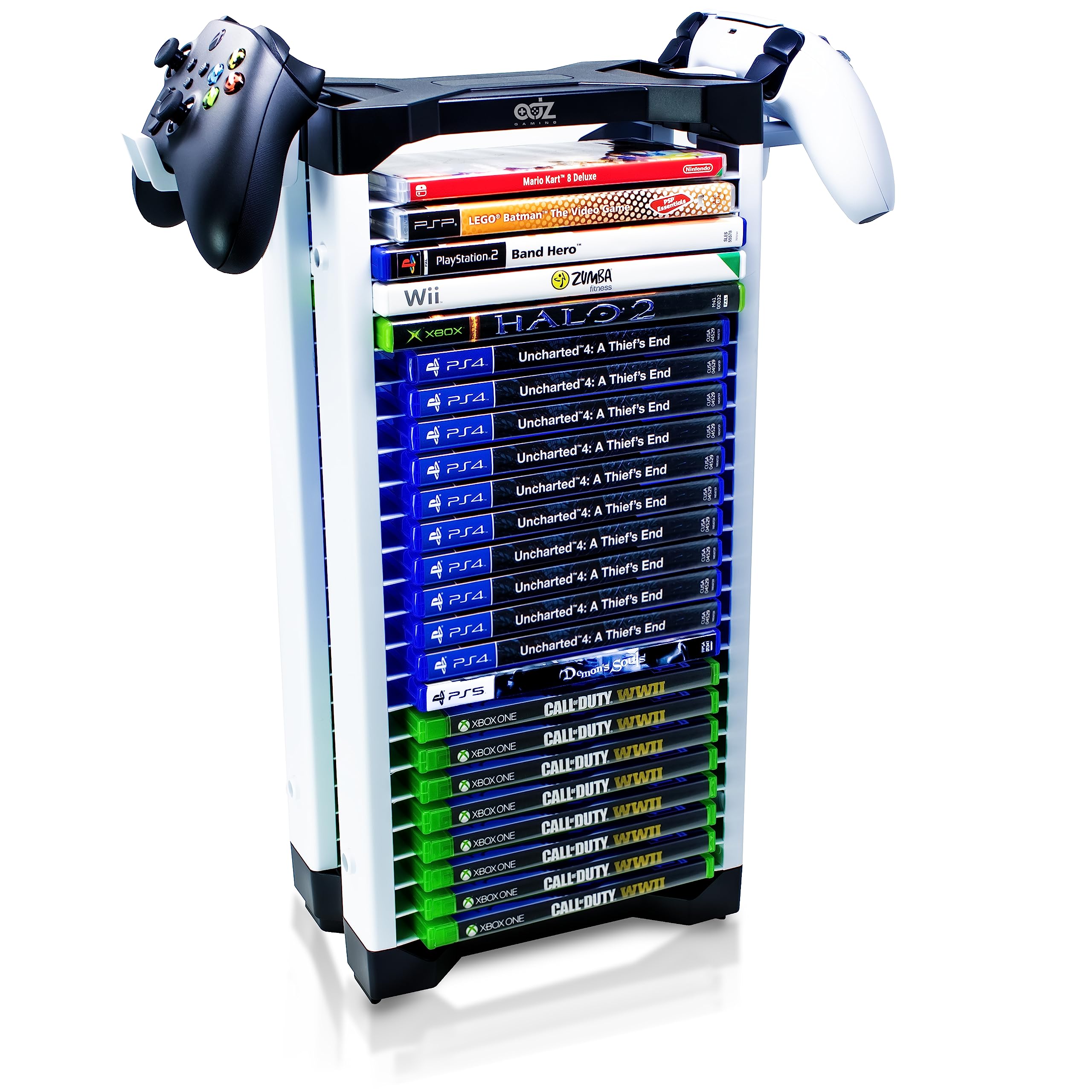 ADZ Game Holder,Speicher für 23 Game oder Blu-Ray Discs,Spielaufbewahrung Tower stapelbar Rack für PS4, Xbox Series X, Switch Games und Blu-Ray Disks. Inklusive 2 Headset oder Controller-Halterungen