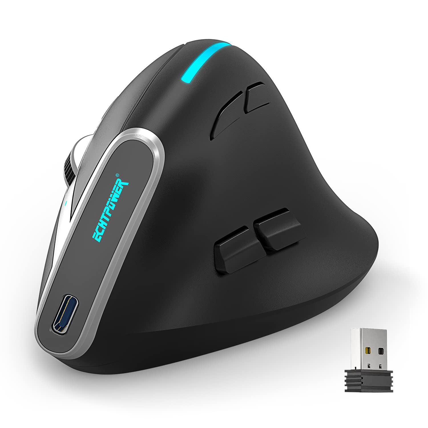 ECHTPower Ergonomische Maus, vertikal, kabellos, Tri-Modi, 2,4 G & Bluetooth, wiederaufladbar, Vertikale Maus für Rechtshänder mit 5 DPI, verstellbar, RGB-Licht, 8 programmierbare Tasten