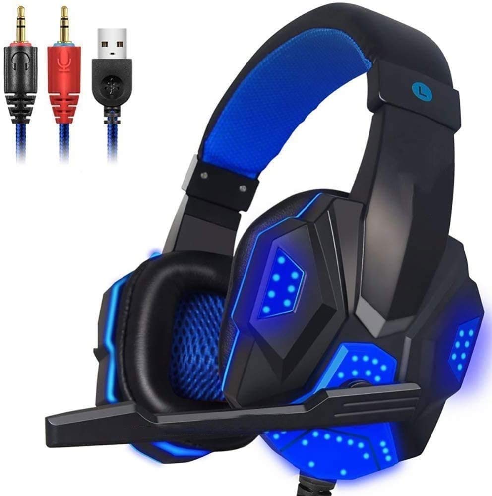 Gaming Headset PC Headset with Noise Canceling Mic LED Light 3.5mm Stereo Earphone Wired Headset for Microphone and PC laptops (Color : Blue)