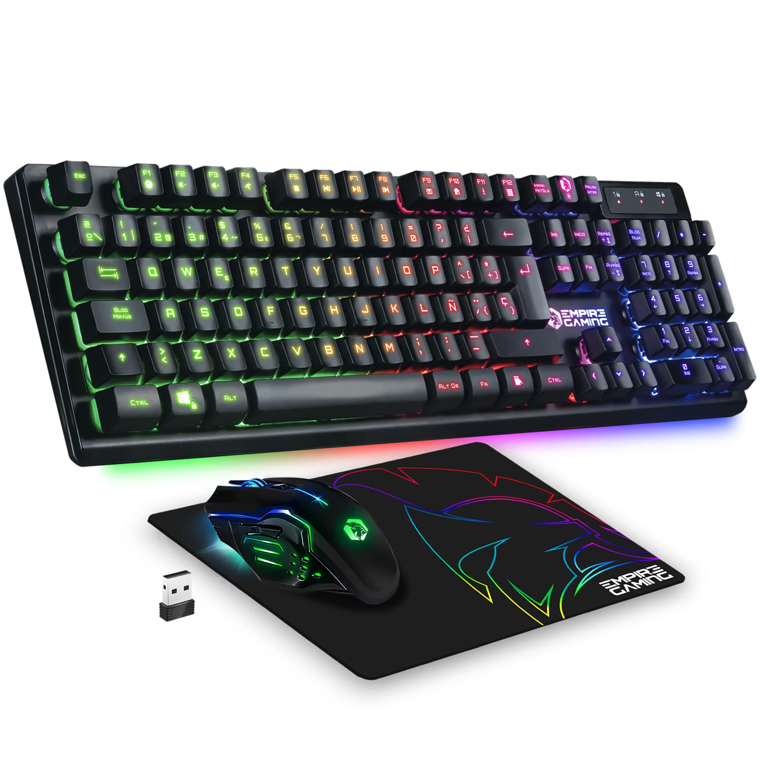 Empire Gaming - Armor RF800 Teclado y Ratón Para Gamers inalámbrico QWERTY (Layout Español) mit Mauspad - RGB Wireless 2.4 GHz Tastatur - 4800 DPI Maus - PC PS4 PS5 Xbox One/Series Mac - Schwarz