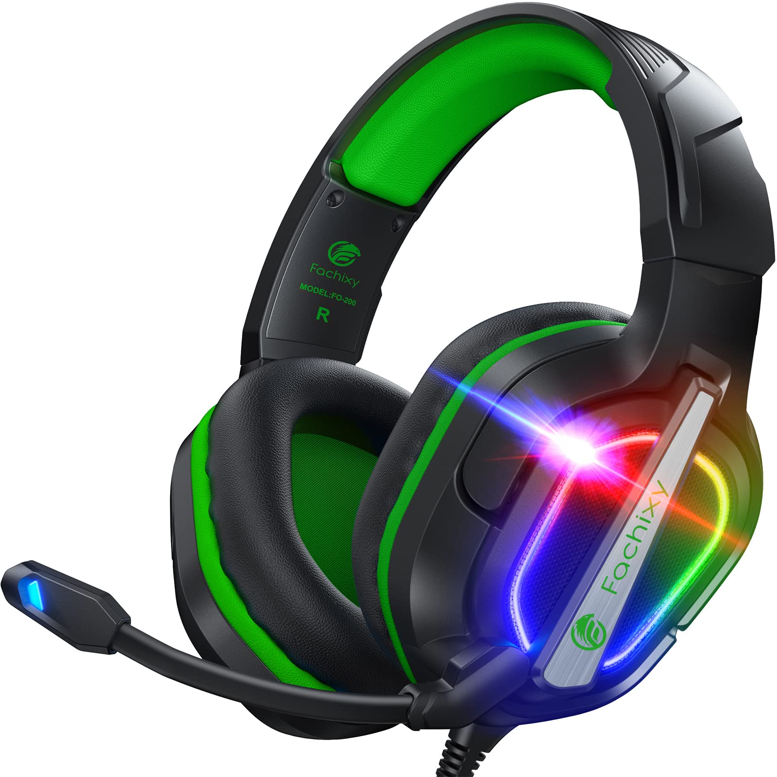Fachixy FC200 Gaming Headset für PS4, PS5, PC, Xbox, Nintendo Switch, Gaming Headset mit Kabel und RGB Licht, Stereo Surround Kopfhörer mit Mikrofon, Noise Cancelling Headphones - GRÜN