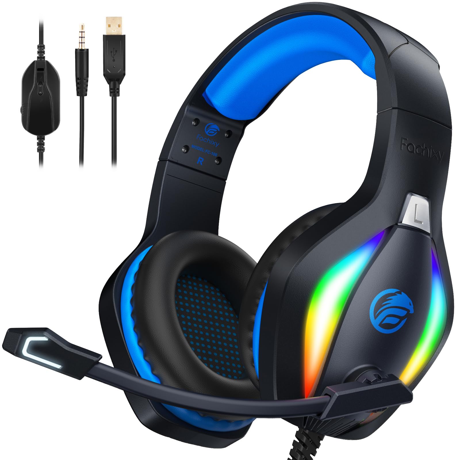 Fachixy FC100 Gaming Headset für PS4, PS5, PC, Xbox, Nintendo Switch, Gaming Kopfhörer mit Kabel und RGB Licht, Stereo Surround Kopfhörer mit Mikrofon, Noise Cancelling Gamer Headphones - BLAU