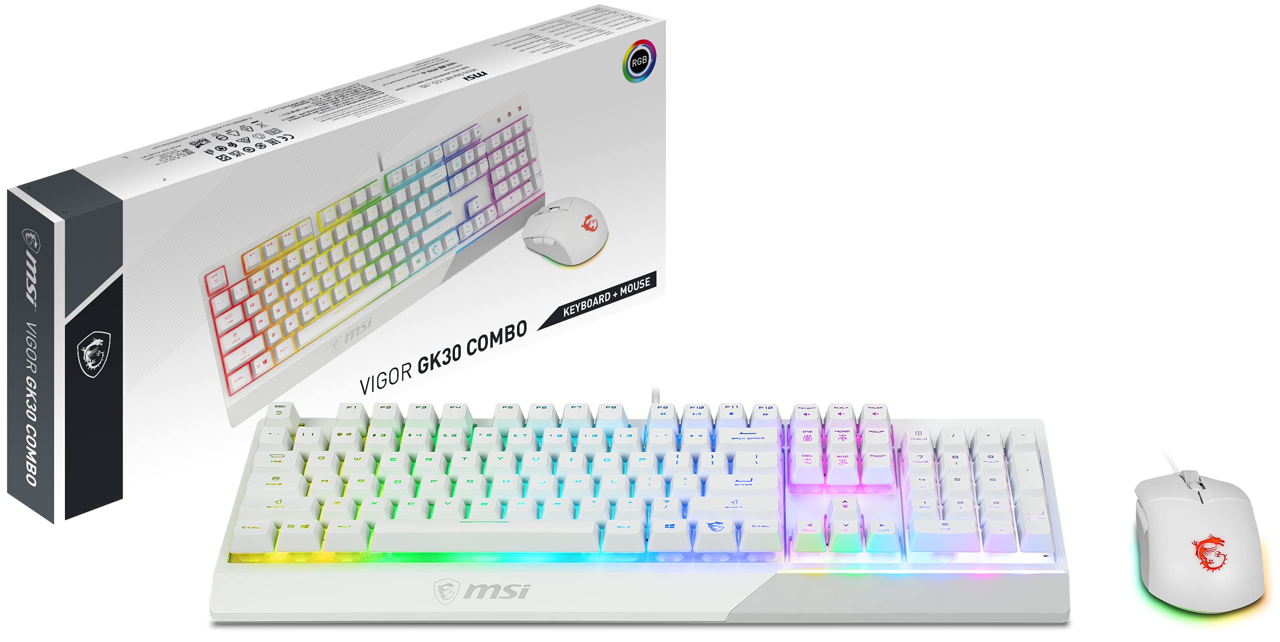 MSI Vigor GK30 Combo IT Semi Mechanische Gaming-Tastatur + Maus Gaming Clutch GM11, RGB Mystic Light, Multimedia-Hotkey, wasserabweisend, ideal auch für Büro, italienisches Layout, Weiß