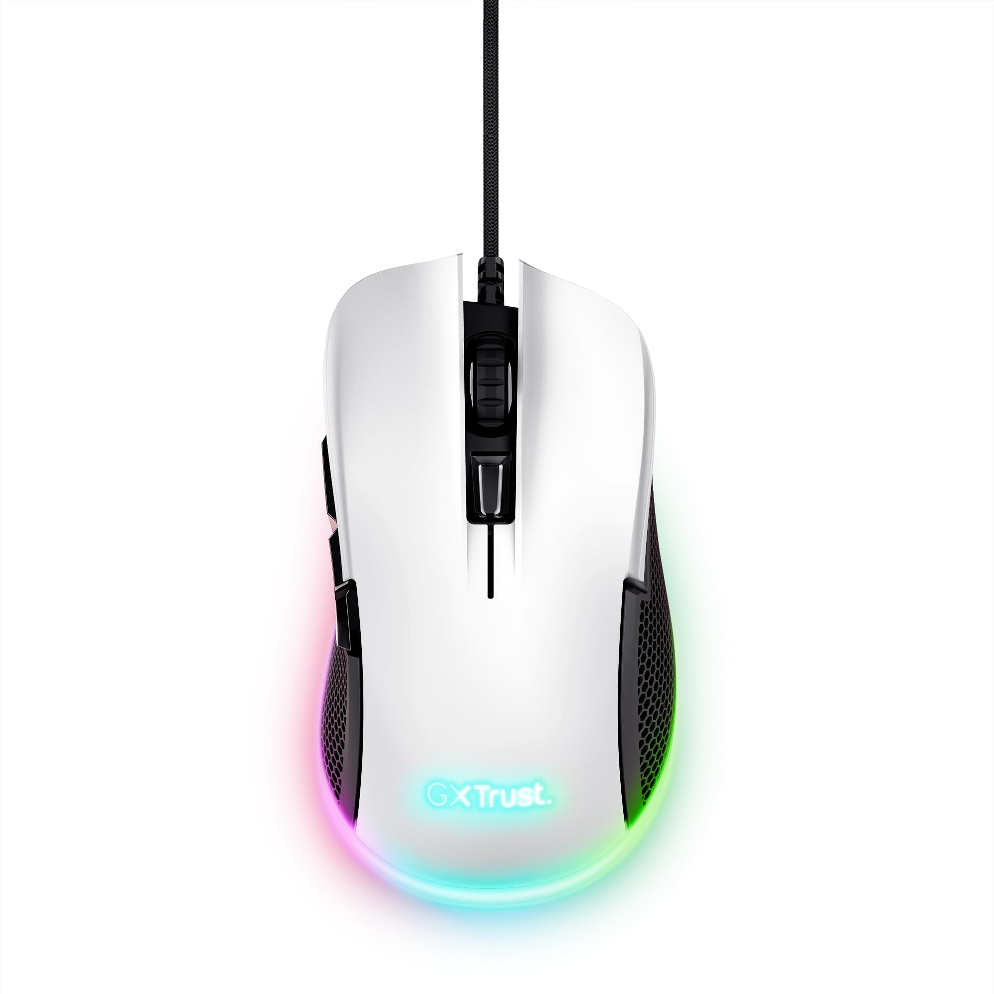 Trust Gaming GXT 922W Ybar Gaming Maus, 68% Recycelten Materialien, RGB LED-Beleuchtung, 6 Programmierbare Tasten, 200-7200 DPI, USB Kabel 2,1 m, PC Maus mit Software für Computer/Laptop - Weiß