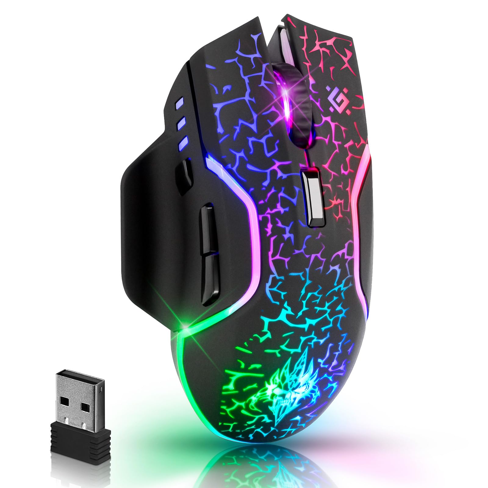 Defender® Oneshot Gaming Maus Kabellos – 2.4 GHz Wireless, 3200 DPI, RGB, 5 Programmierbare Tasten, FIRE-Taste, 100 Std. Akku, USB-C, Ergonomisch, Für PC, Laptop, Gaming