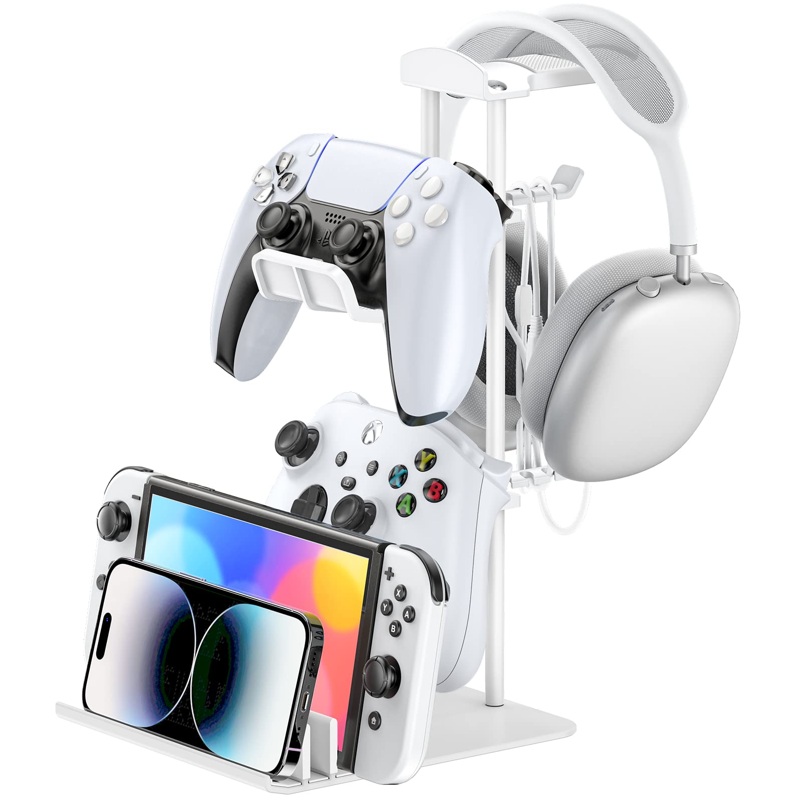 KDD Gaming Kopfhörer Ständer, Headset Halterung Tisch & Controller Halter, Headset Ständer mit Aluminium-Stange, Universaler Headphone Stand für Controller Switch iPad Handy PC Gaming Zubehör (Weiß)