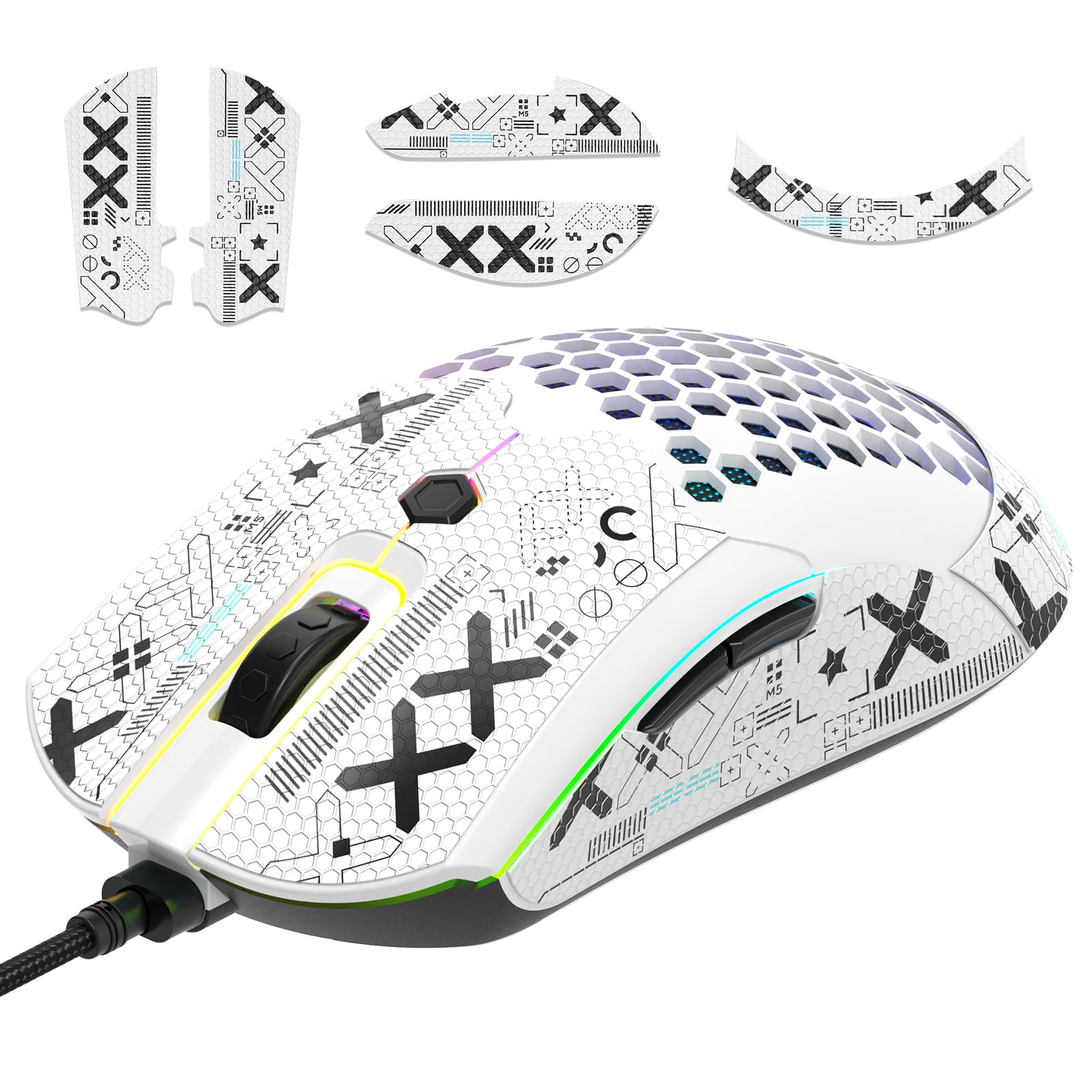 [Upgrade-Kit] Leichte Gaming-Maus mit Maus-Griffband, PIXART PAW3325 12000DPI High Performance Super Light 65G USB RGB-Gaming-Gaming-Mäuse, Anti-Schlupf-Grip-Klebeband für schweißwiderstand-Weiss