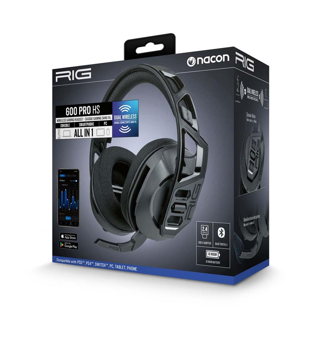 NACON Rig 600 PRO HS Auriculares PC/Xbox/PS4/PS5/Switch Gaming Inalámbricos Negros