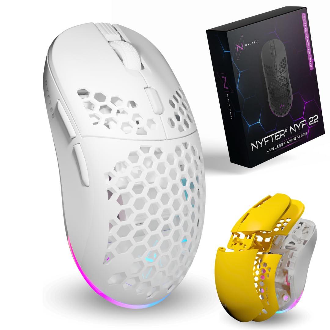 Nyfter - NYF22 Yellow-White Wireless Gaming Gen2 Mouse Ultraleicht 75g leistungsstark mit 400mA 19K DPI, 400 IPS 1000 hz 50h Akkulaufzeit langlebig Zwei wechselbare Cases inkl.