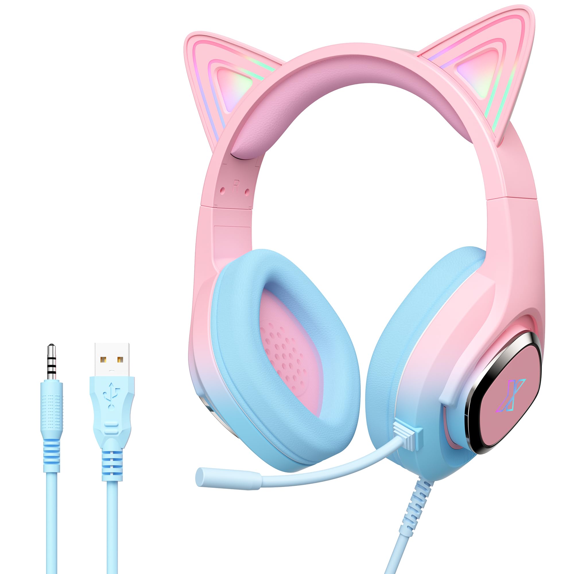 Mytrix RGB Effet de lumière Casque Gaming Headset kompatibel mit PS4, PS5, Xbox, PC, MAC, Switch, Pink Blue Wired Gaming-Kopfhörer mit 360°-Rotationsmikrofon, Surround-Sound, weichen Ohrpolstern