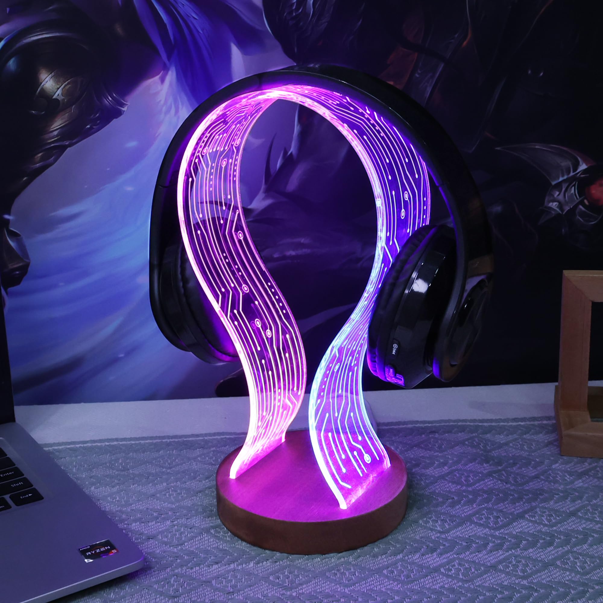 YuanDian Kopfhörerständer, Holz-Headset-Halter mit blau-rosa LED-Nachtlicht für Gamer, Männer und Musikliebhaber – perfekte Geschenkidee für den Schreibtisch