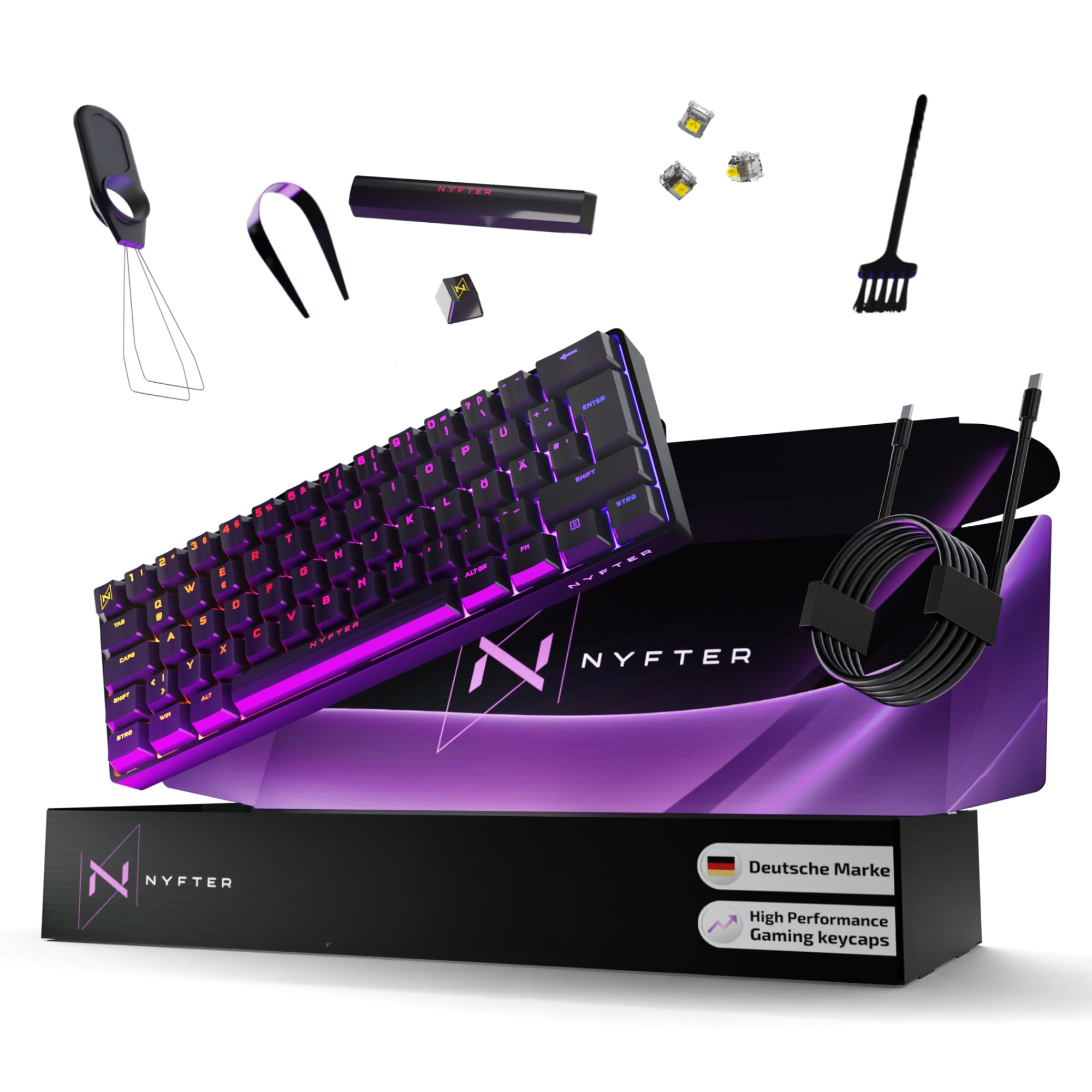 Nyfter - 60% Gaming Keyboard - DOPPELTE Dämpfung, PRE-LUBED Gateron Yellow Switches, HOTSWAPPABLE, 100% RGB Beleuchtung, ISO DE Layout NYFBOARD GEN2 Gaming Tastatur