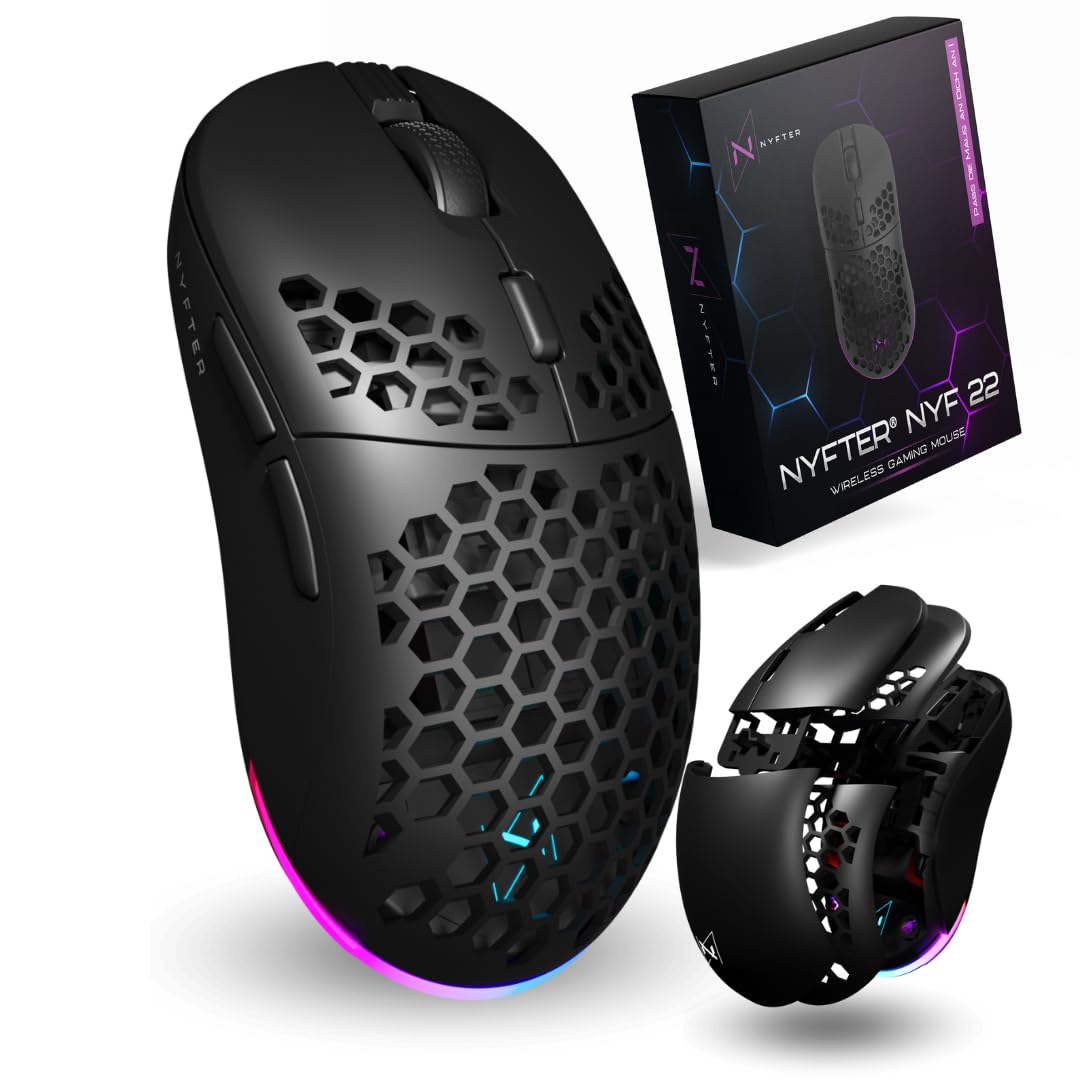 Nyfter - NYF22 Wireless Gaming Mouse Ultraleicht 75g leistungsstark mit 400mA 19K DPI, 400 IPS 1000 hz 50h Akkulaufzeit langlebig Zwei wechselbare Cases inkl. (Black)