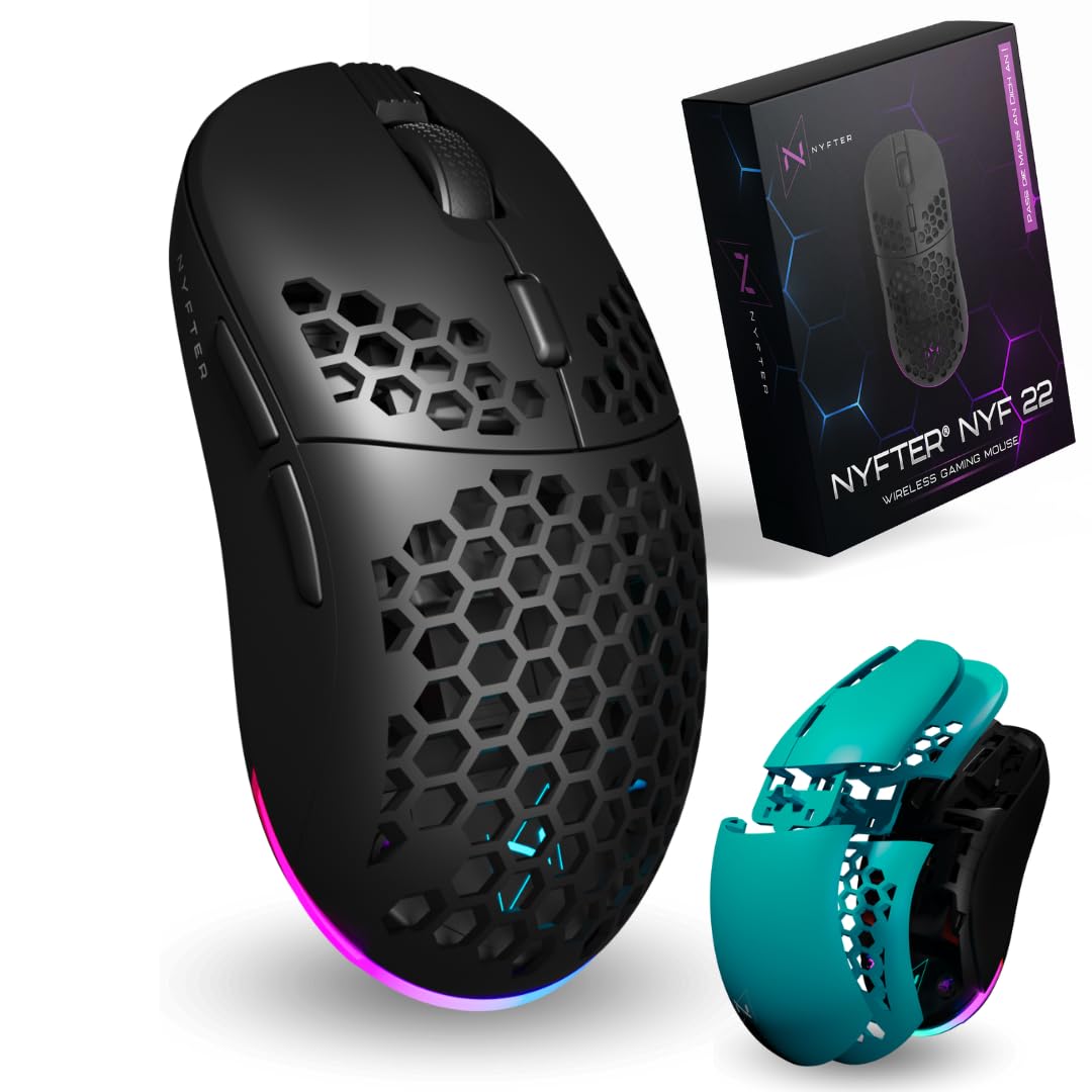 Nyfter - NYF22 Türkis-Black Wireless Gaming Gen2 Mouse Ultraleicht 75g leistungsstark mit 400mA 19K DPI, 400 IPS 1000 hz 50h Akkulaufzeit langlebig Zwei wechselbare Cases inkl.