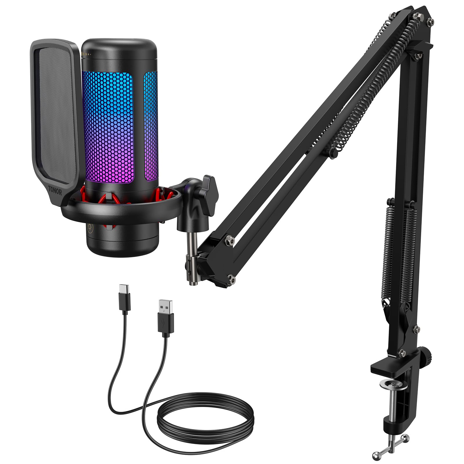 TONOR Gaming Mikrofon PC, USB Microphone für Computer PS4/5, Kondensatormikro mit RGB-Modi & Helligkeit einstellbar, Stummschaltung, Mic für Streaming, Mikrofonarm, Schwarz, TC310+