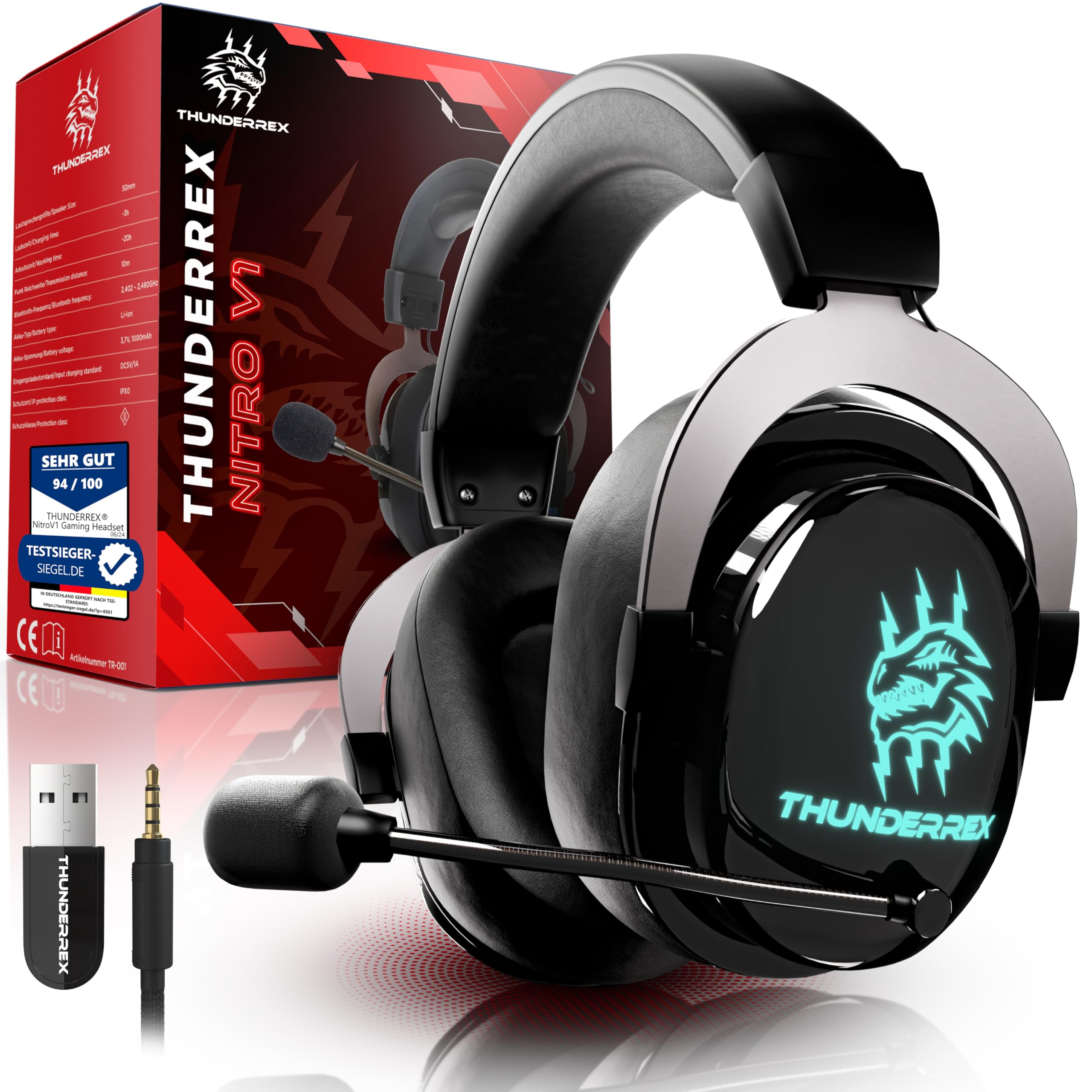 Thunderrex® Nitro V1 Gaming Headset Kabellos für PC, PS, Switch, [Flip-to-Mute] Kopfhörer Wireless mit 7.1 Sourround Sound, SensitiveVoice Mikrofon und 2.4GHz USB