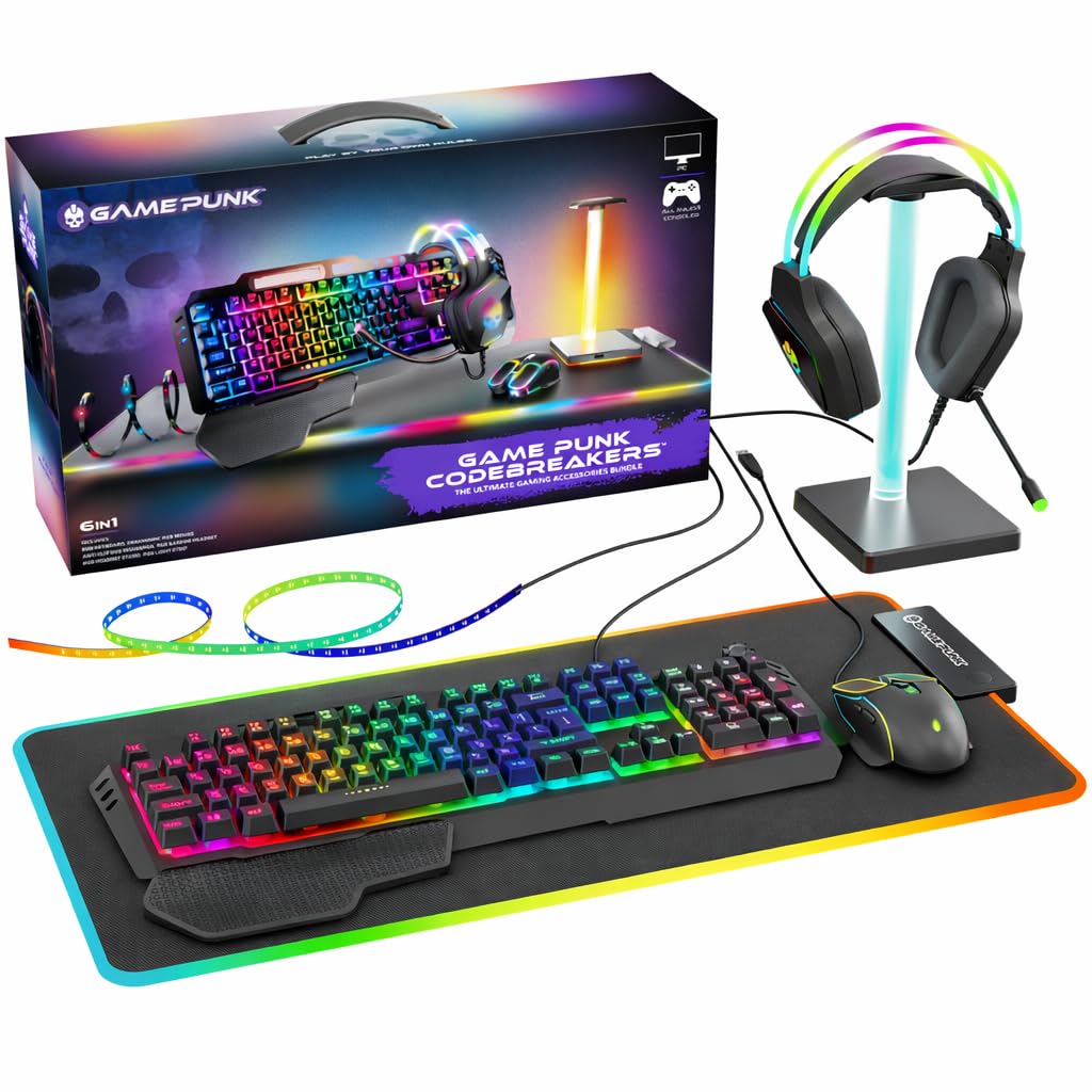 Game Punk Codebreakers PC Gaming Bundle - Inklusive Tastatur, Maus, Headset, LED XL Mauspad, Ständer, RGB Lichtleiste - 6 in 1 PC Gaming Zubehör Bundle, GCMB300