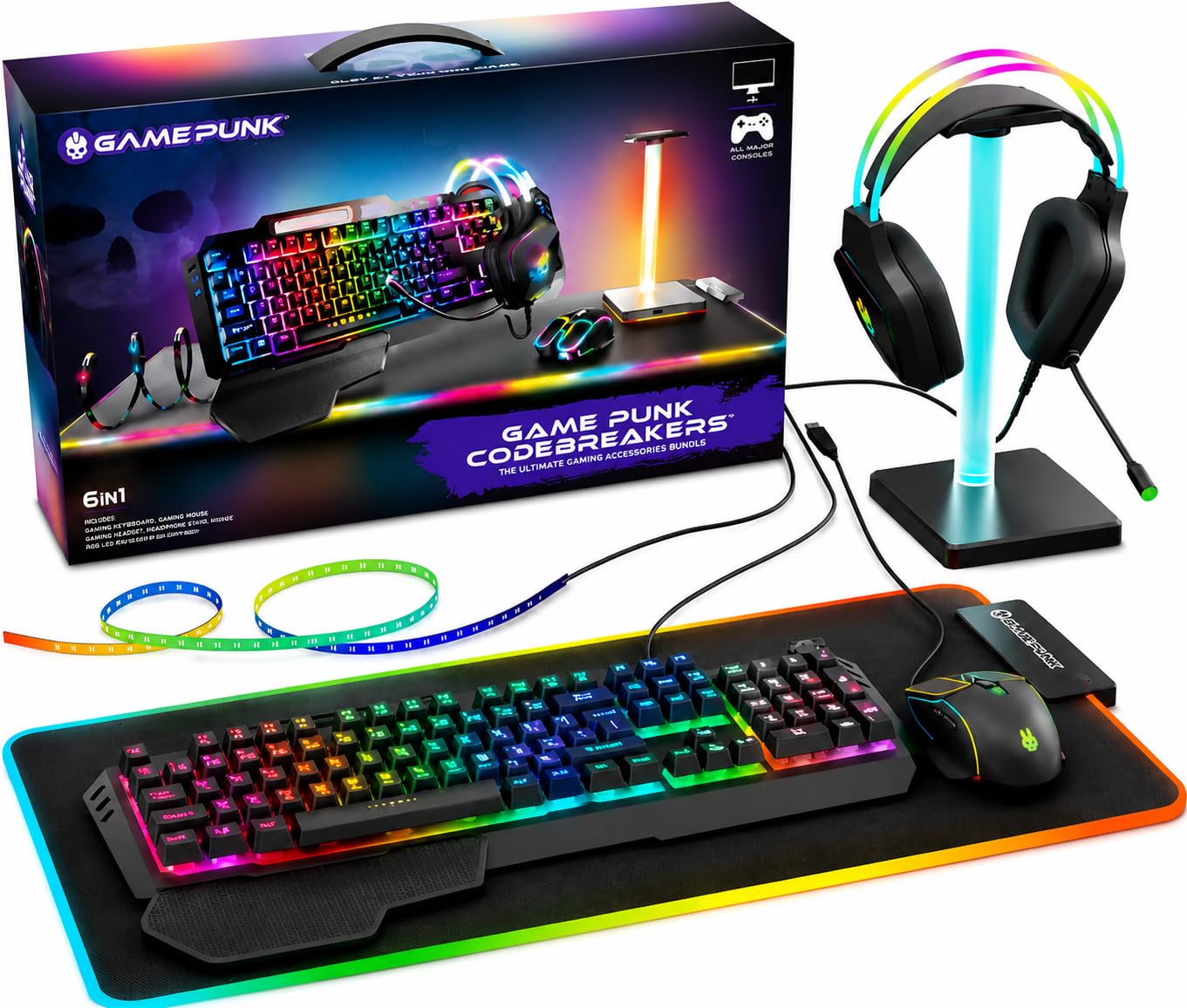 Game Punk Codebreakers PC Gaming Bundle - Inklusive Tastatur, Maus, Headset, LED XL Mauspad, Ständer, RGB Lichtleiste - 6 in 1 PC Gaming Zubehör Bundle, GCMB300