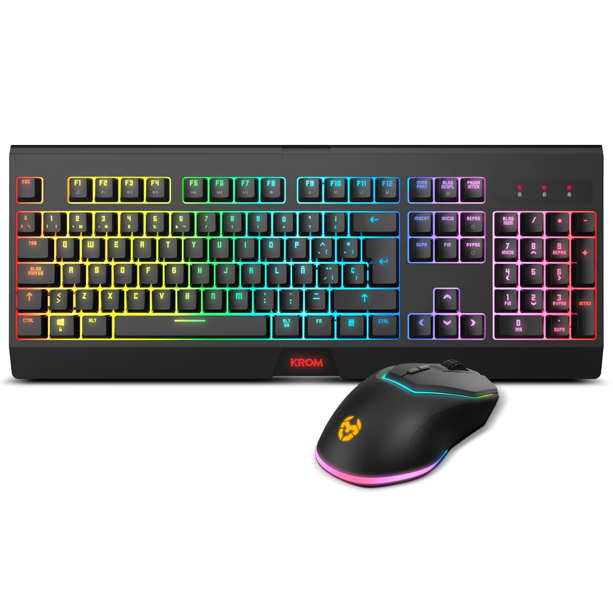 KROM Kabala – Kabelloses Gaming-Set mit Membrantastatur RGB Rainbow, 6 Anti-Ghosting-Tasten, optischer Maus 800-4800 DPI, Spanisches Layout, kompatibel mit PC – Schwarz