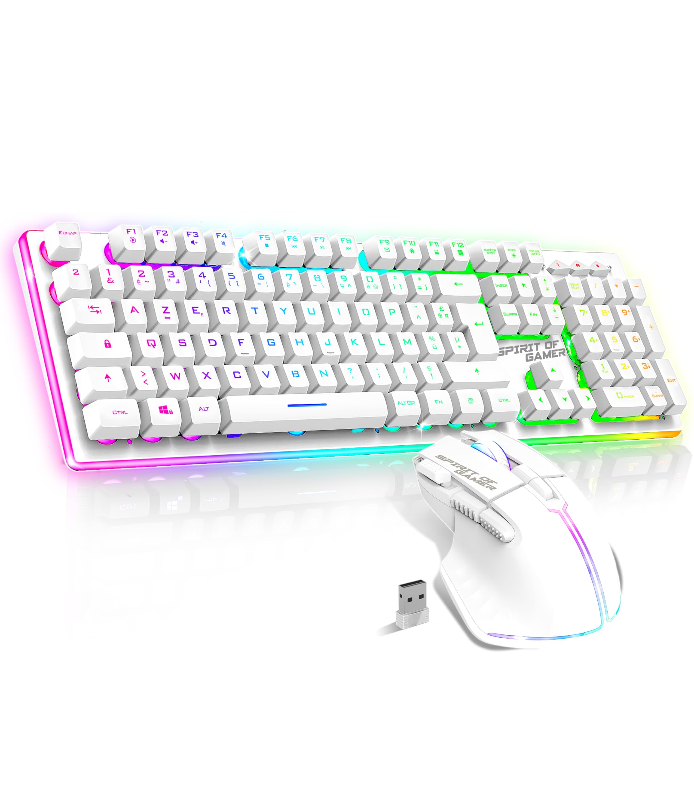 SPIRIT OF GAMER x MK600 Kabellose Gaming-Tastatur, weiß, wiederaufladbar, RGB | Französisches AZERTY-Layout mit Hintergrundbeleuchtung | Gaming Keyboard Semi-Mechanisch | Wireless Mouse 4800 DPI |