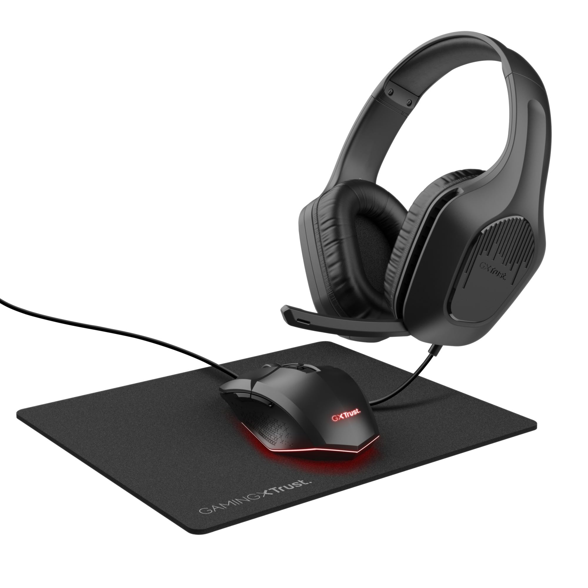 Trust Gaming GXT 790 Tridox Gaming PC Set - Leichtes Headset mit 50-mm-Treiber und 3,5-mm Klinke, Programmierbare USB Maus 200-6400 DPI, Mauspad, Gamer Setup für Computer/Laptop - Schwarz