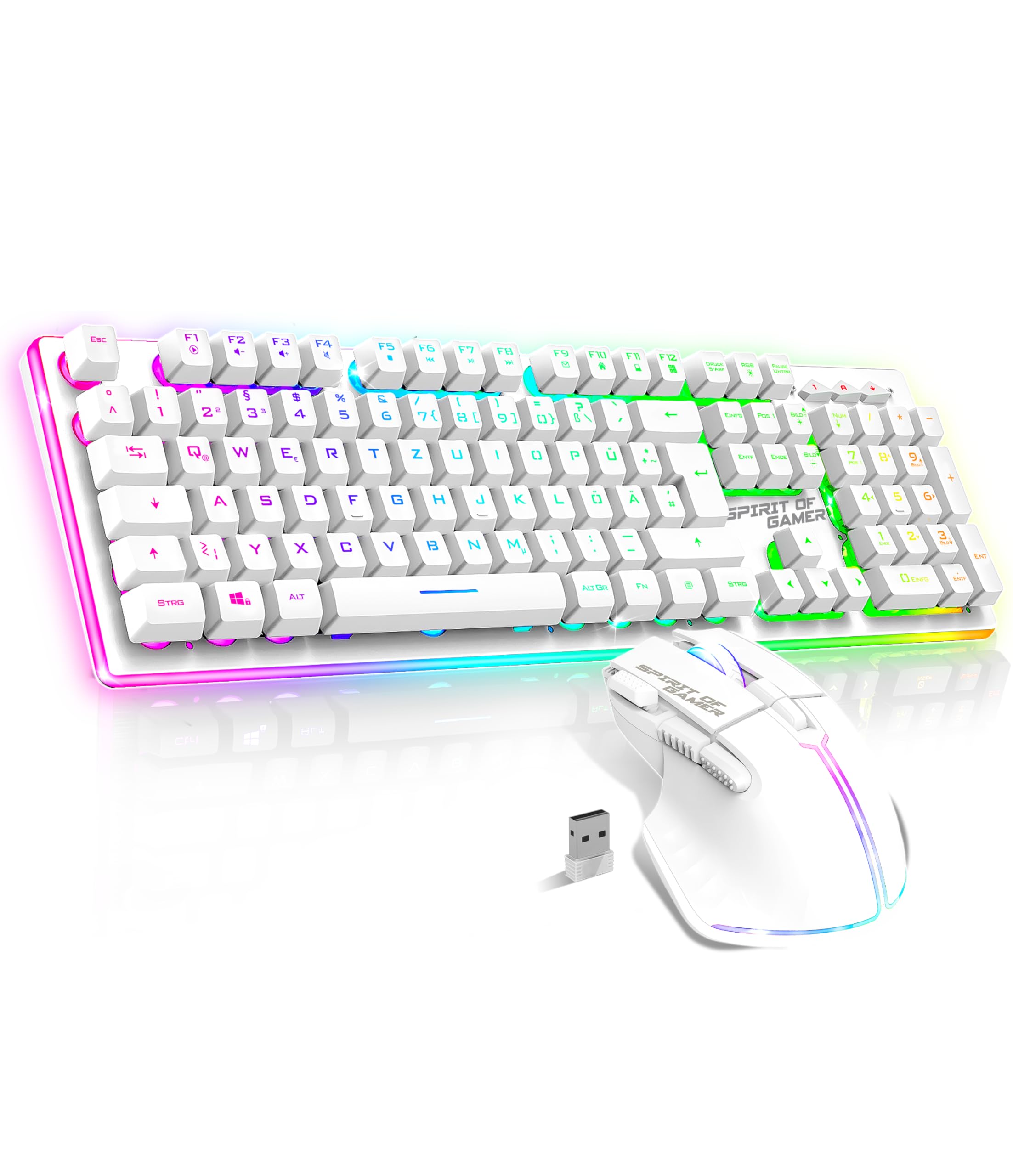 SPIRIT OF GAMER x Ultimate 600 | Gaming Tastatur Maus Set Kabellos Weiß Wiederaufladbar RGB | Layout QWERTZ Deutsch | Keyboard Semi Mechanisch | 4800 DPI Wireless Mouse | Für PS5, PS4, PC, Xbox