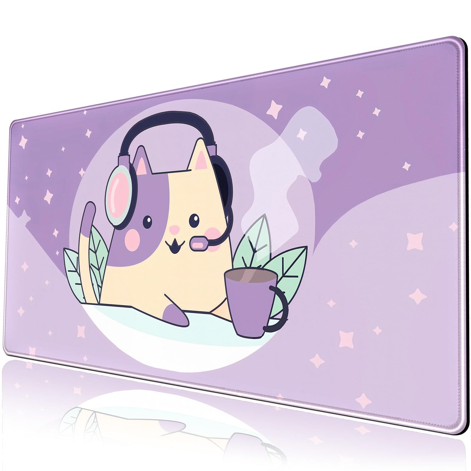 Kawaii Lila Space Cat Schreibtischunterlage Niedliches Anime Erweitertes Mauspad Groß XXL Gaming Schreibtischunterlage Langes Mousepad Tastatur Pad Maus Desktop Matte 80 x 40 cm Niedliches