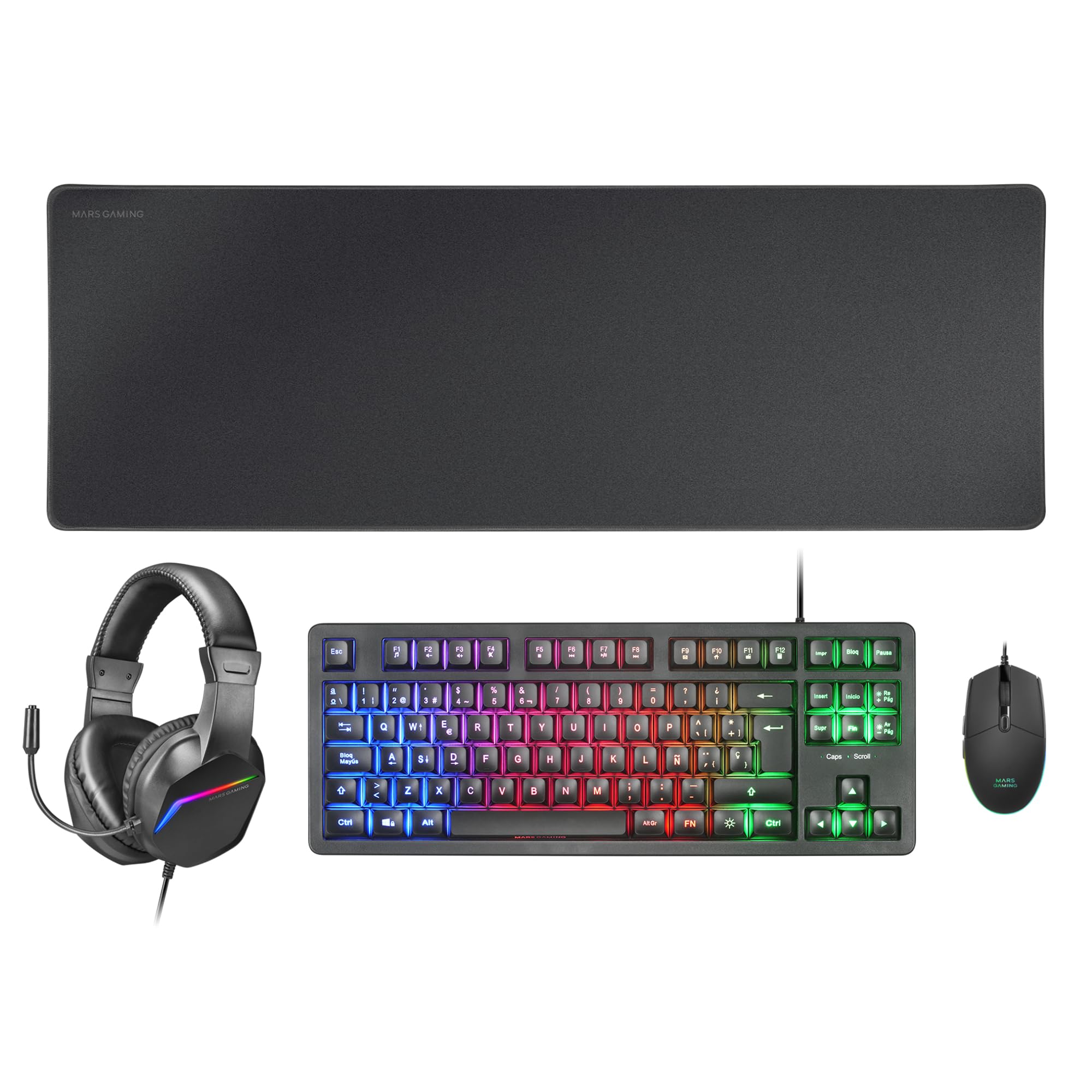 MARSGAMING MCP-RGB3, Gaming-Set: RGB-Tastatur + RGB-Maus 3200 DPI + Over-Ear-Headset + XXL-Mousepad, Schwarz, Spanische Sprache