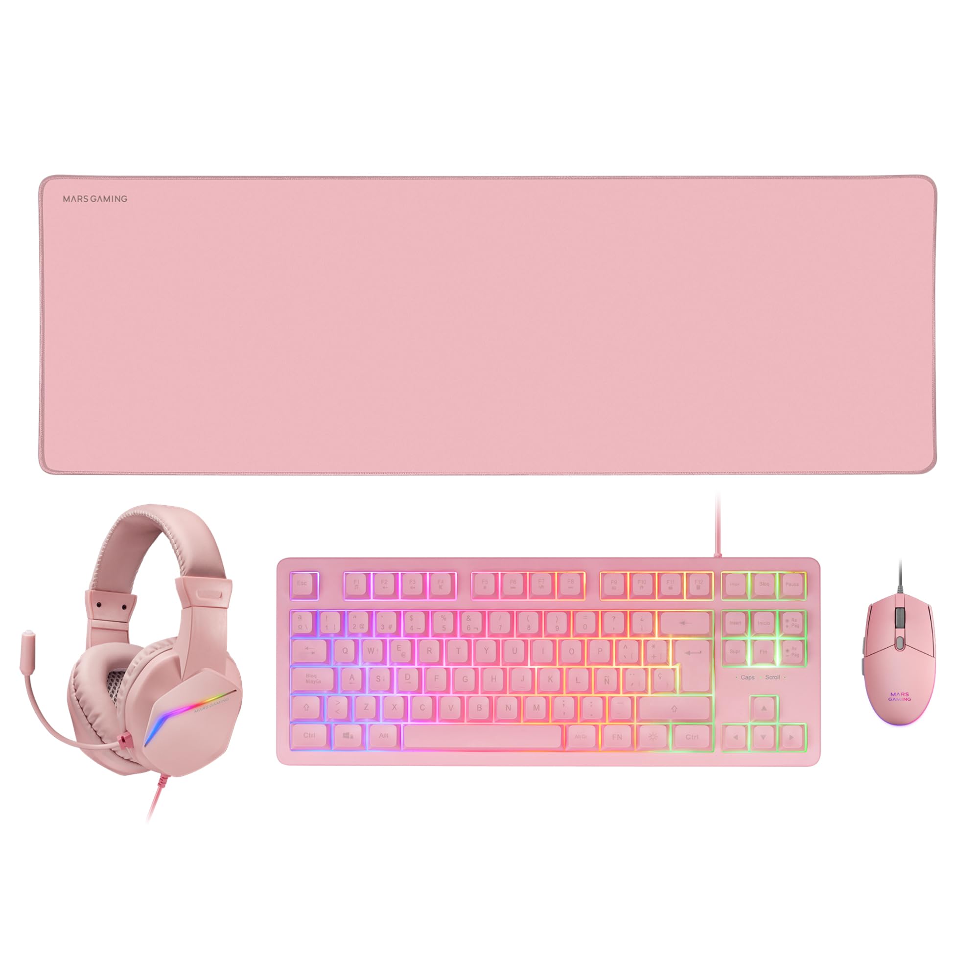 Mars Gaming MCP-RGB3, Spanisch, Spieler Set Feste RGB Tastatur + Gaming Maus Flow 3200 DPI + Headset + Mauspad XXL, Pink
