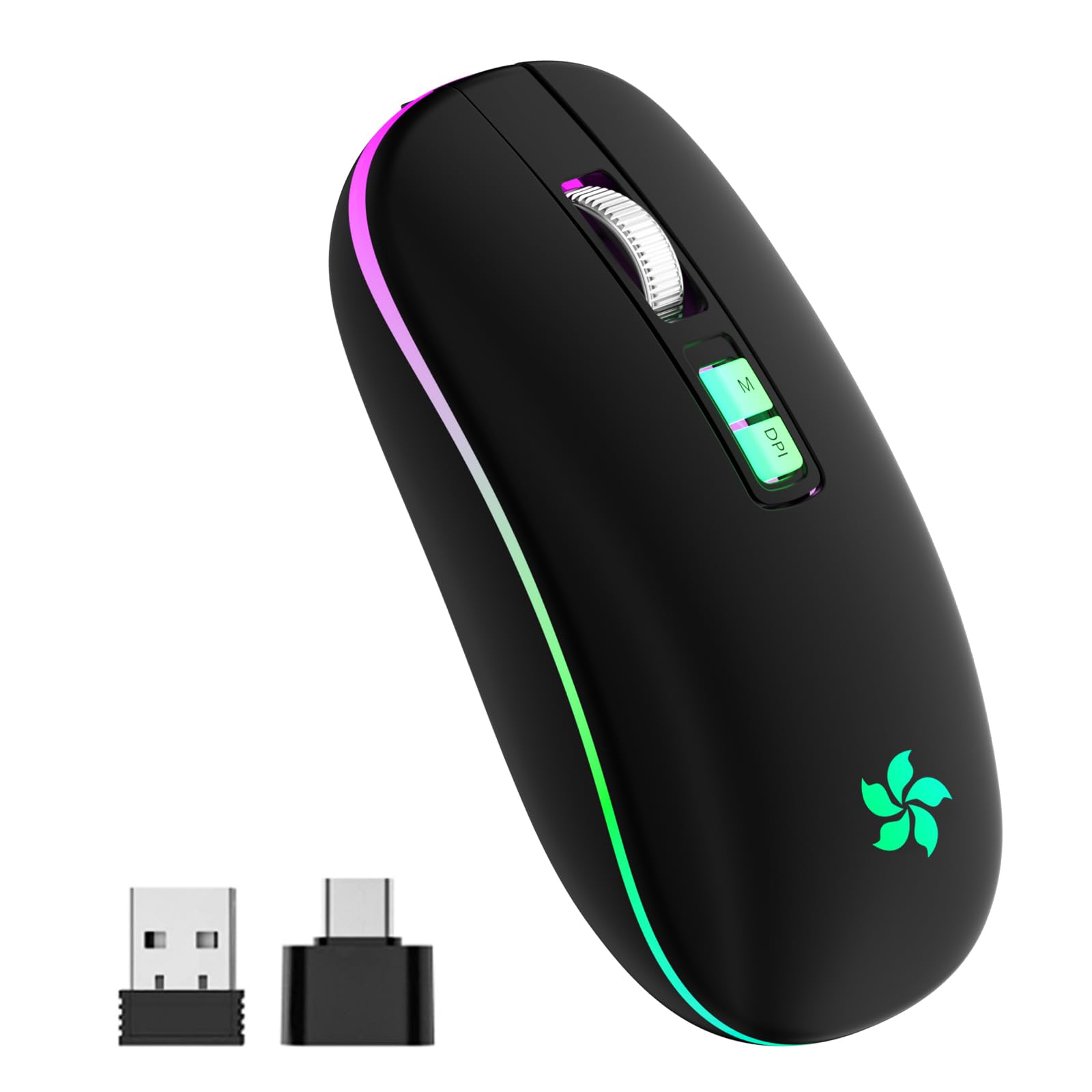 HOTLIFE Kabellose Maus für Laptop, Bluetooth Mouse mit 3 DPI für Office Home, 2,4 Ghz Wiederaufladbare Maus Ergonomische 7-Farben RGB Kompatibel mit Windows Mac OS Android iPad(Schwarz)