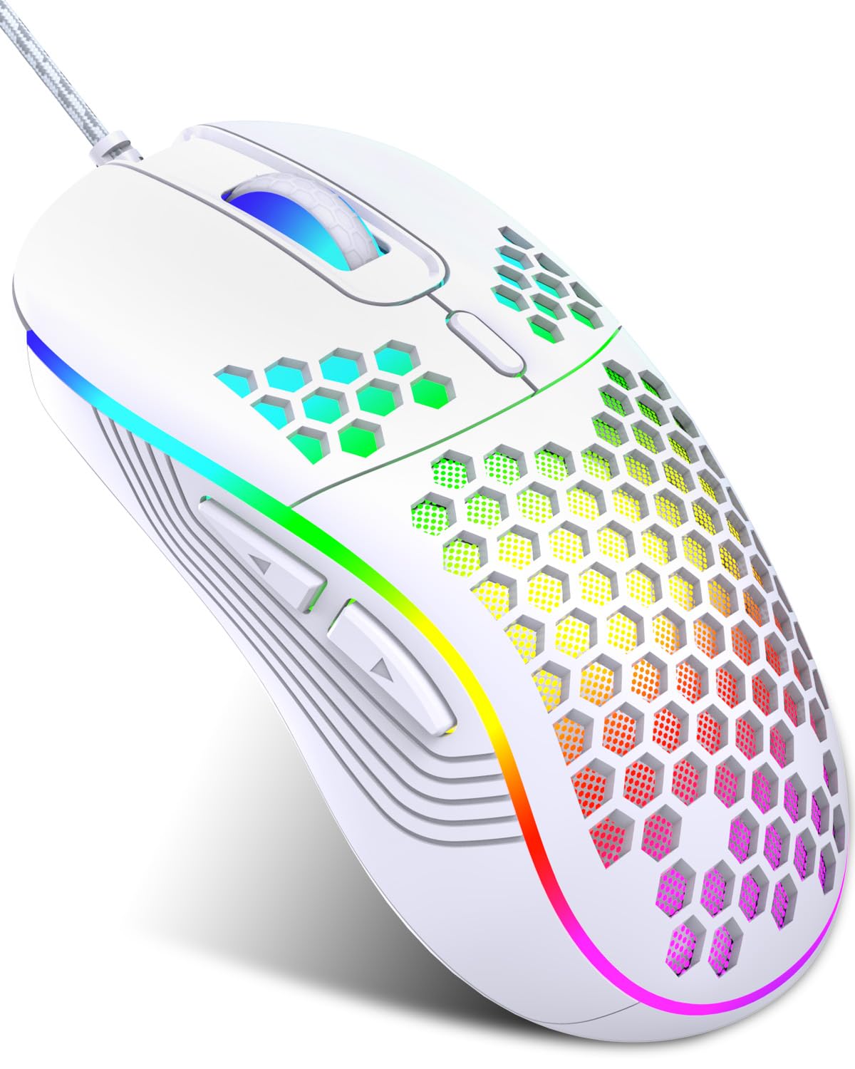JYCSTE Kabelgebundene Gaming Maus, RGB-Hintergrundbeleuchtung und 7200 einstellbare DPI, ergonomische und leichte USB-Computermaus mit hochpräzisem Sensor für Windows PC & Laptop-Gamer (Weiß)