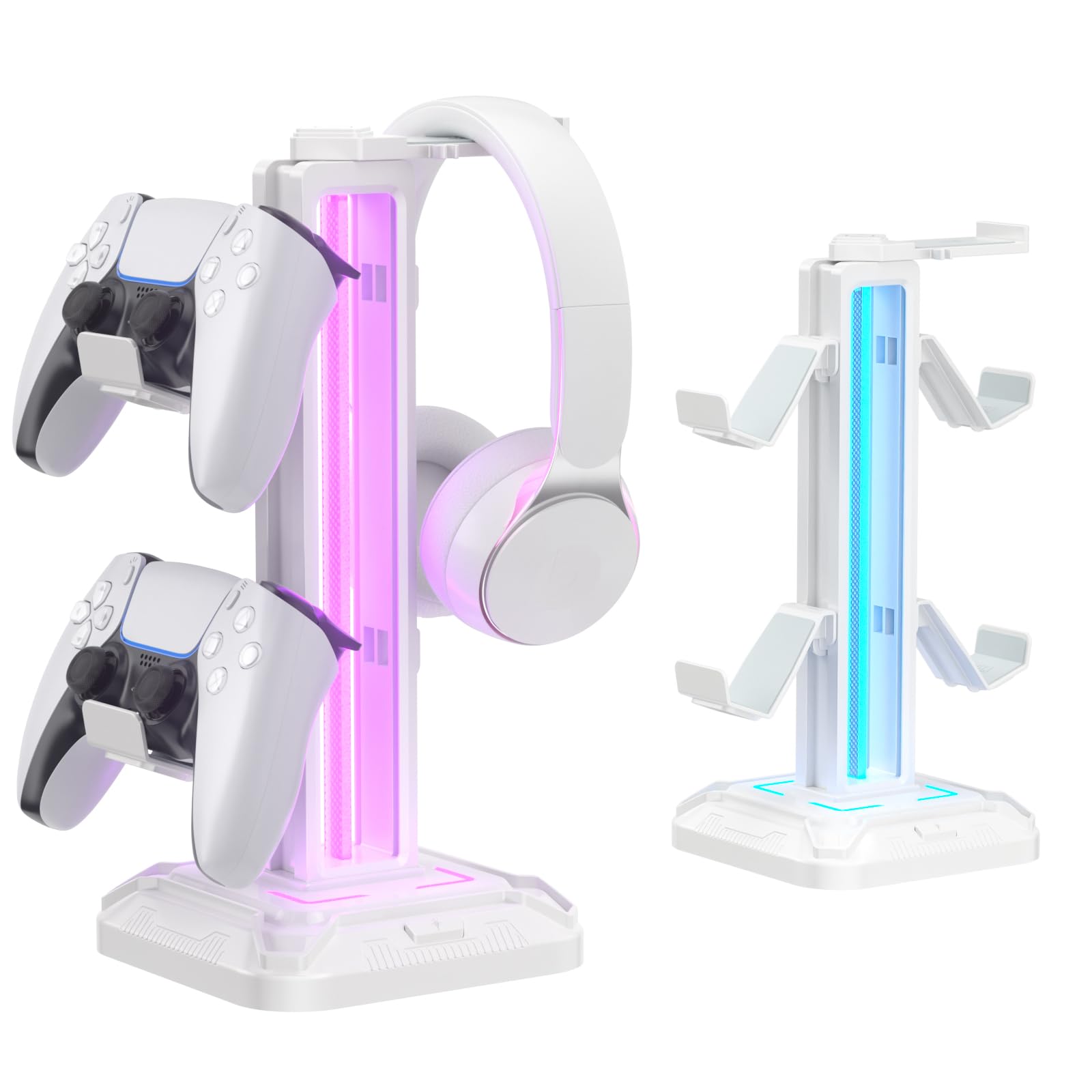 KDD Gaming Kopfhörer Ständer Led mit 9 Lichtmodi - Drehbarer Headset Halterung Tisch mit Abnehmbarer Controller Halterung - Headset Ständer Gaming Zubehör für Gamer PC Xbox ONE PS5(Weiß)