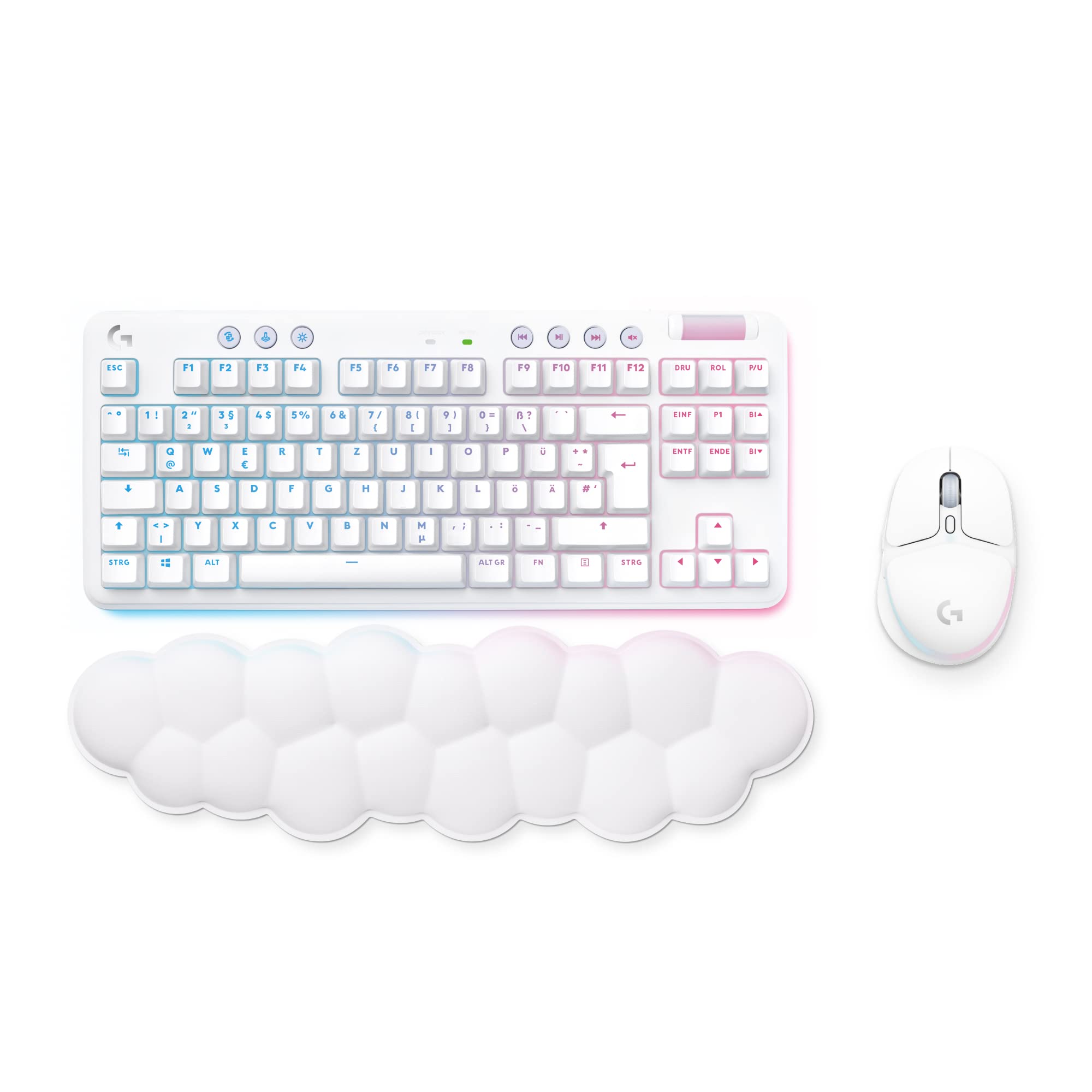 Logitech G705 Kabellose Gaming-Maus und G715 Kabellose mechanische Gaming-Tastatur und Handballenauflage – LIGHTSYNC RGB-Beleuchtung, kabellose Lightspeed Technologie – PC/Mac, Weiß